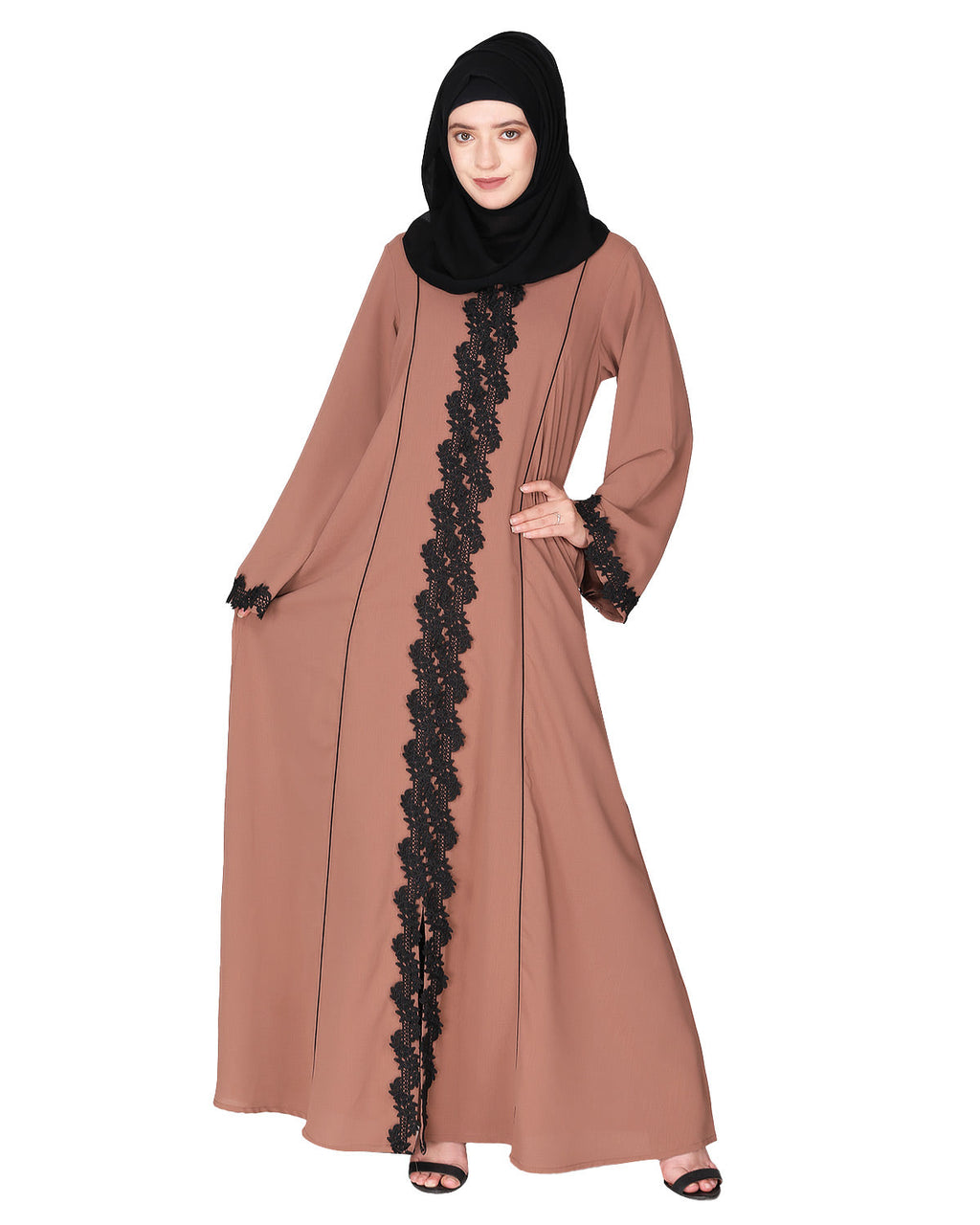 Sleek Princess cut Flamboyant laced Abaya Dark Beige