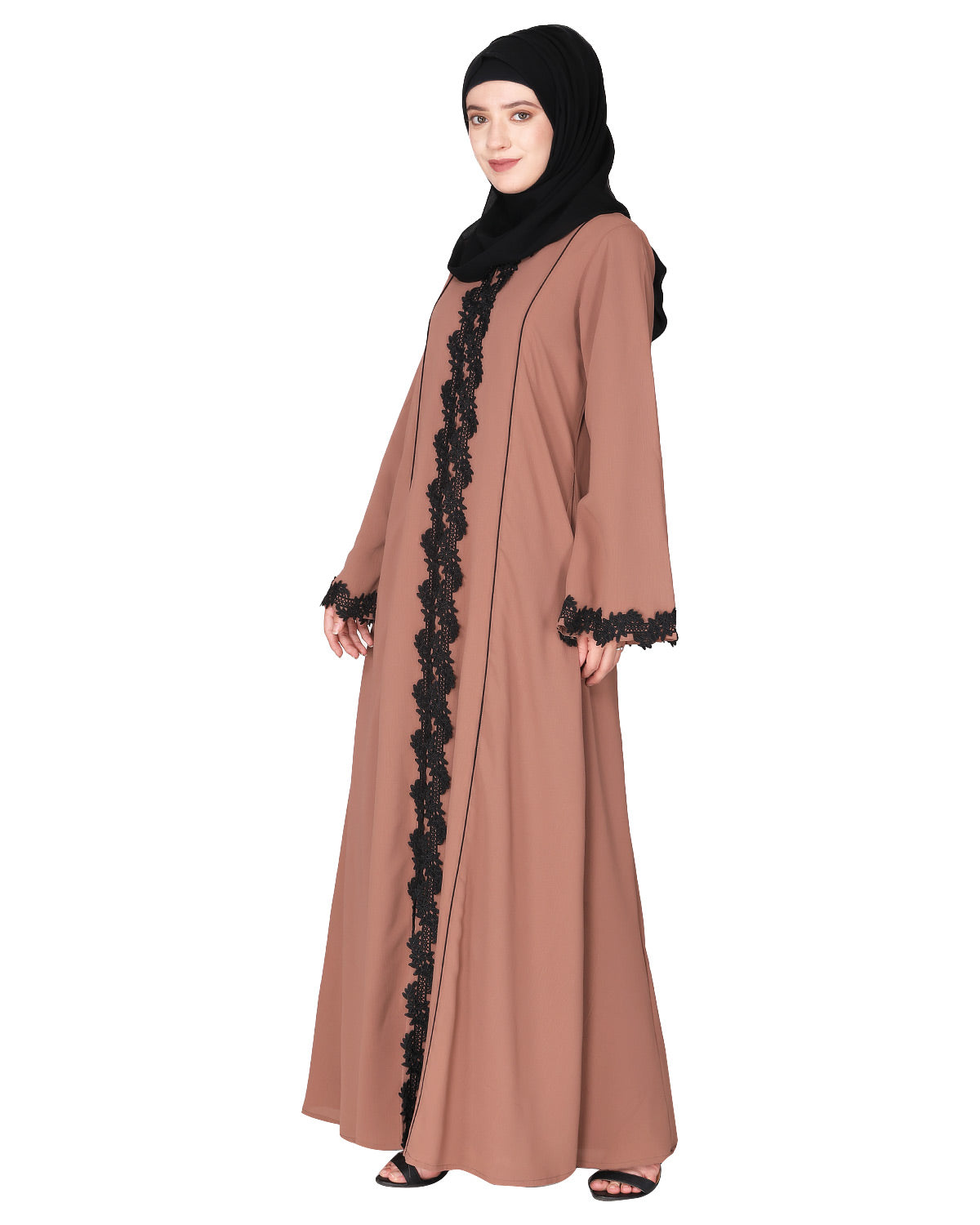 Sleek Princess cut Flamboyant laced Abaya Dark Beige