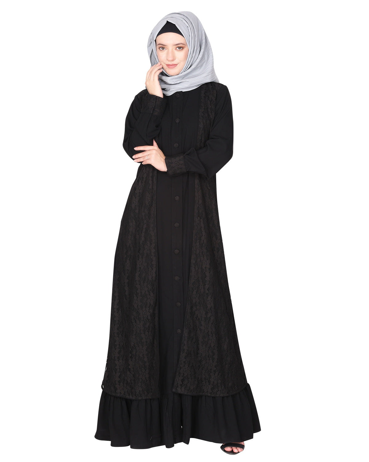 Occasion wear abaya with a gorgeous extra Panel of floral Lace Black
