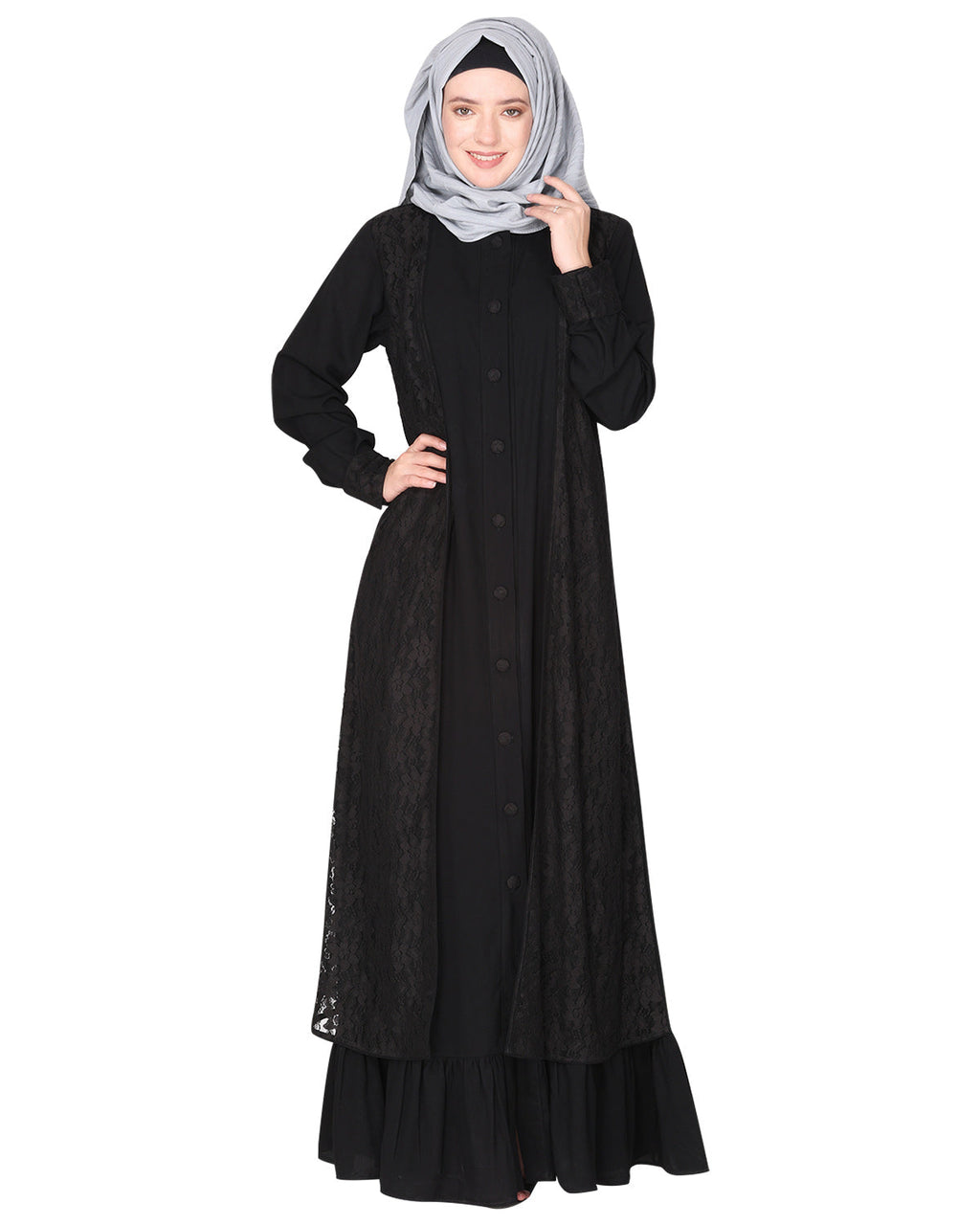 Occasion wear abaya with a gorgeous extra Panel of floral Lace Black