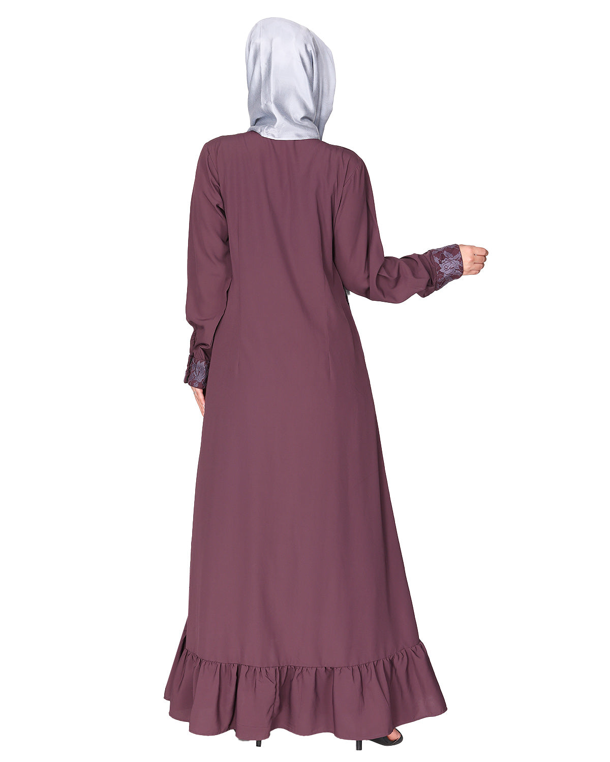 Occasion wear abaya with a gorgeous extra Panel of floral Lace Purple