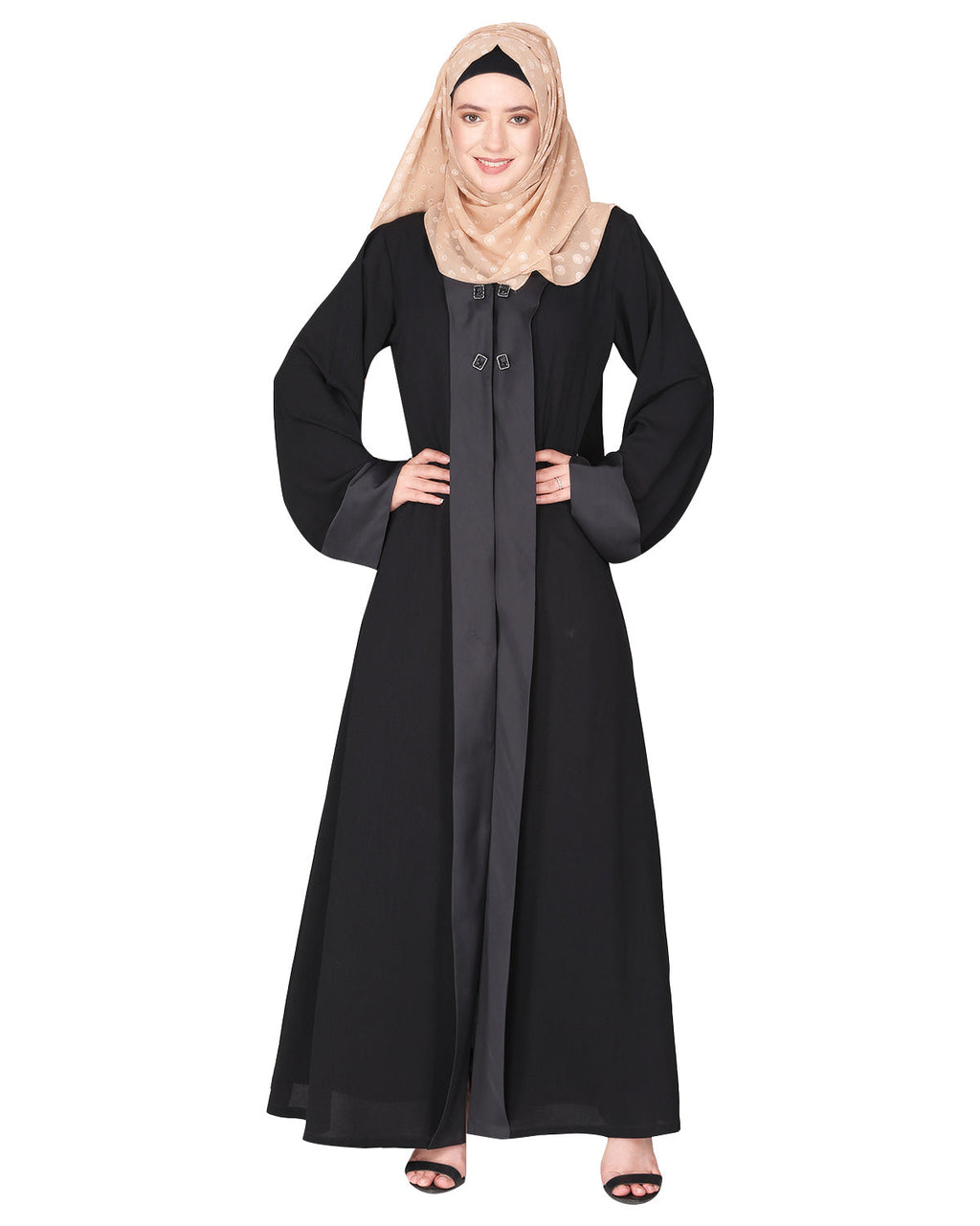 Graceful curtains style front open abaya with designer show buttons Black