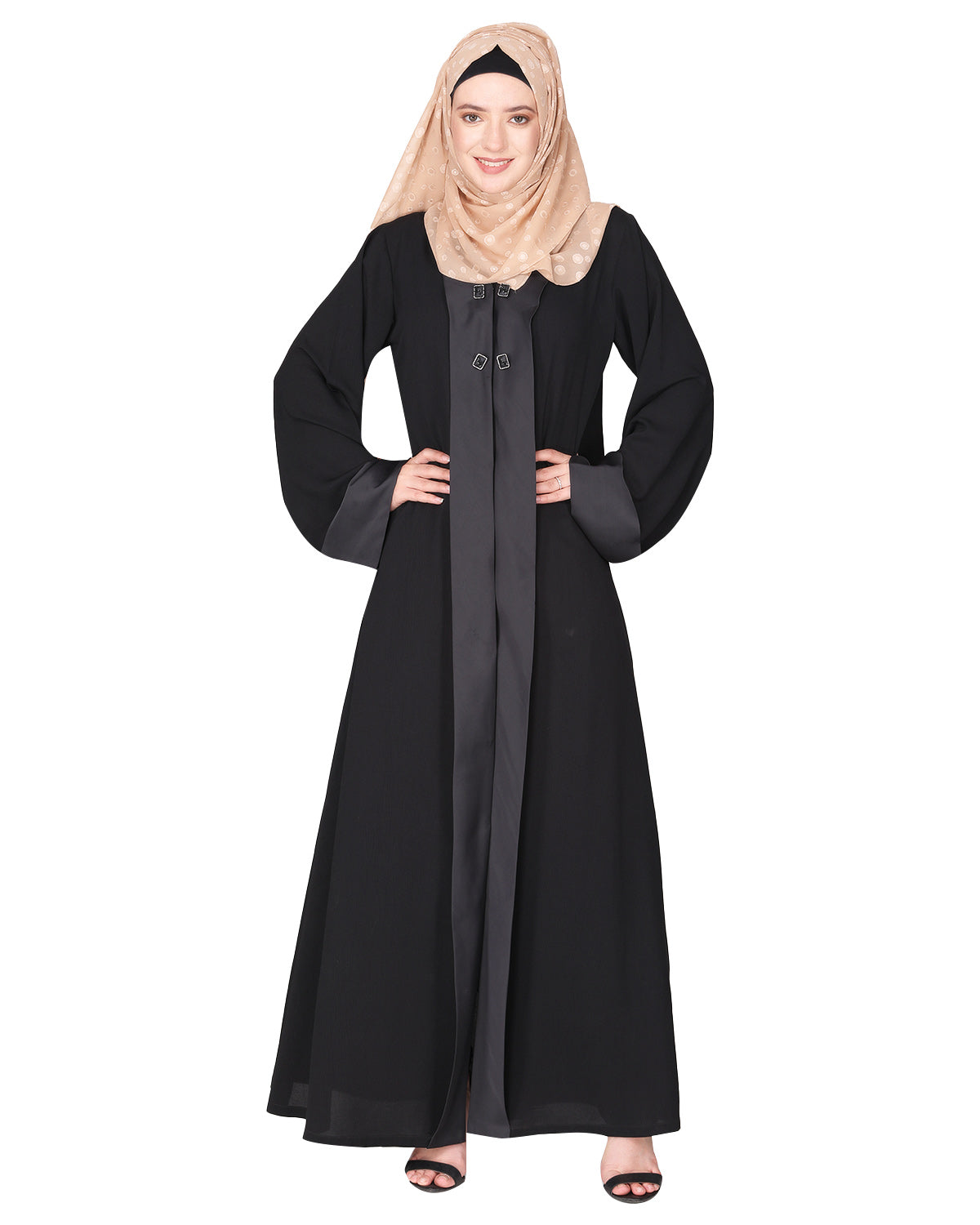 Graceful curtains style front open abaya with designer show buttons Black