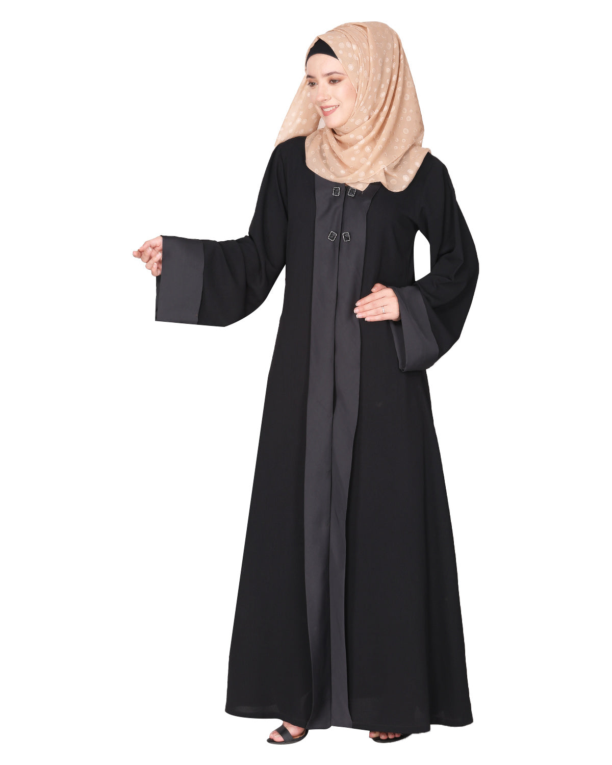 Graceful curtains style front open abaya with designer show buttons Black