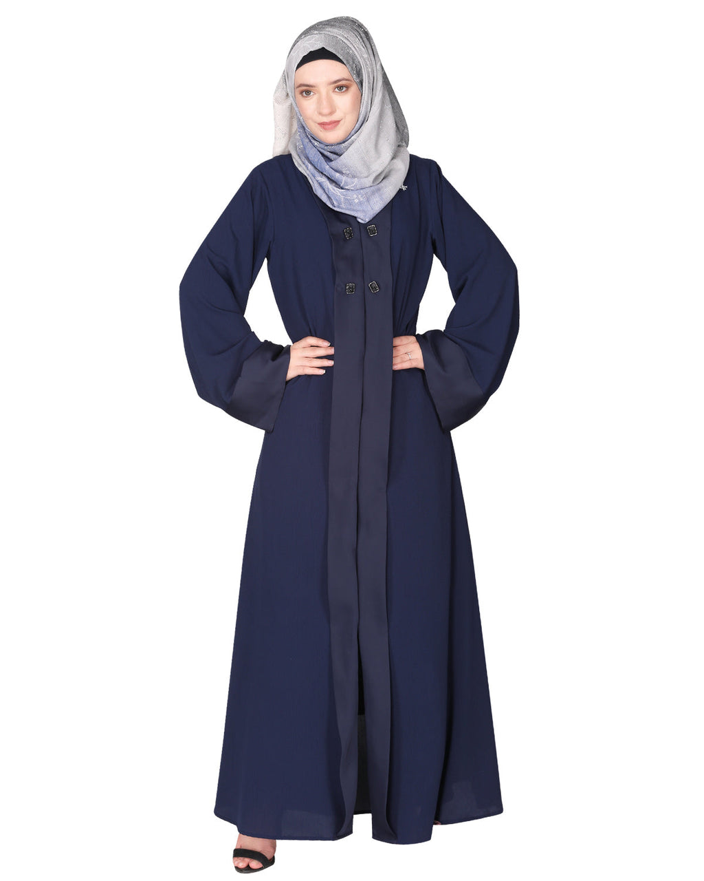 Graceful curtains style front open abaya with designer show buttons Dark Blue