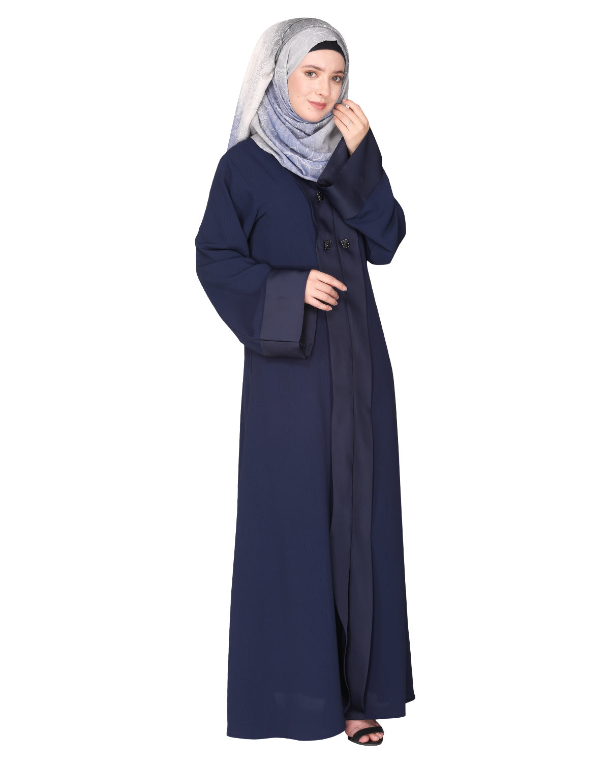 Graceful curtains style front open abaya with designer show buttons Dark Blue
