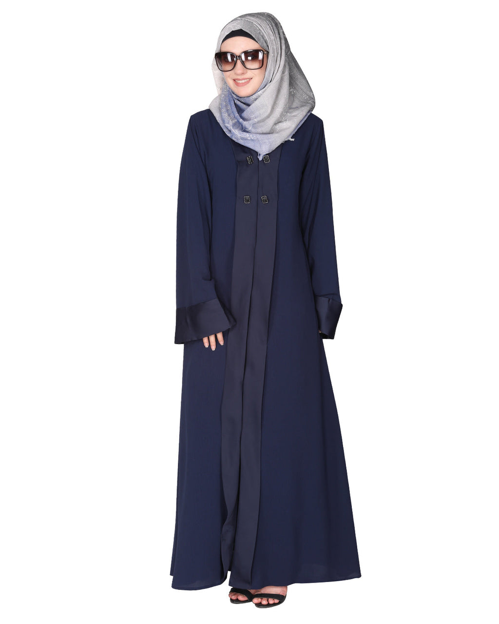 Graceful curtains style front open abaya with designer show buttons Dark Blue