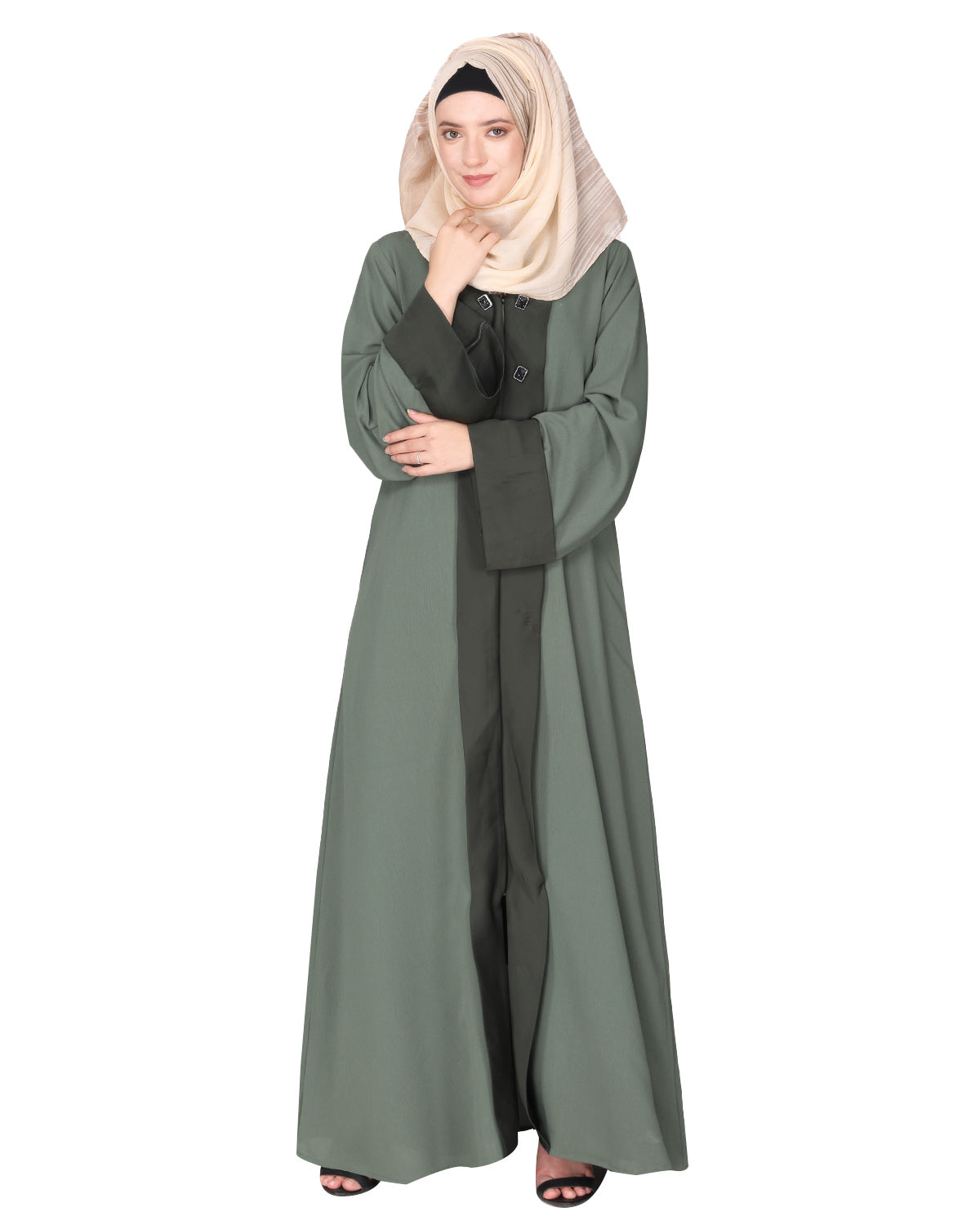 Graceful curtains style front open abaya with designer show buttons Dead Mint