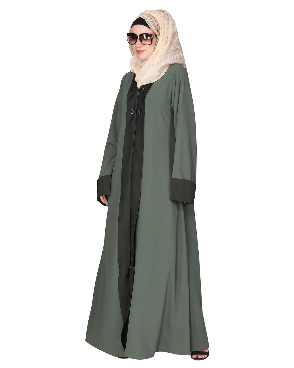 Graceful curtains style front open abaya with designer show buttons Dead Mint