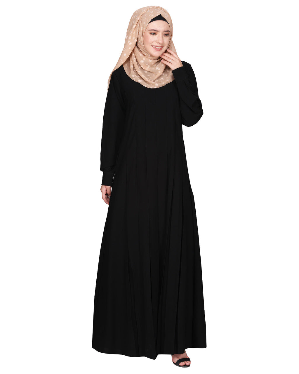 An Umbrella style stunning pleated abaya with Pinstriped Yolk Black