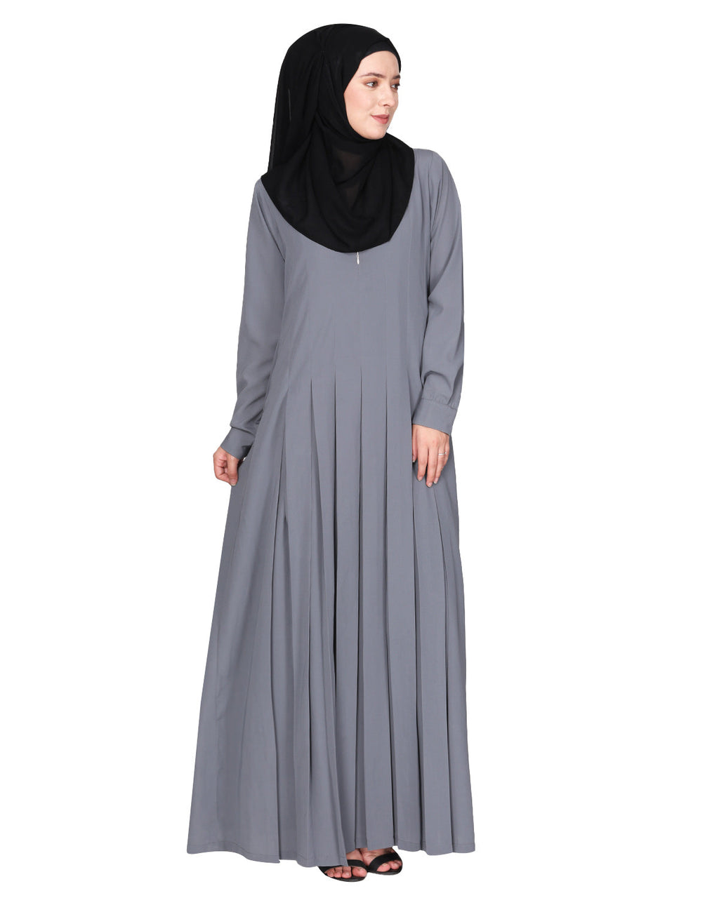 An Umbrella style stunning pleated abaya with Pinstriped Yolk Light Grey