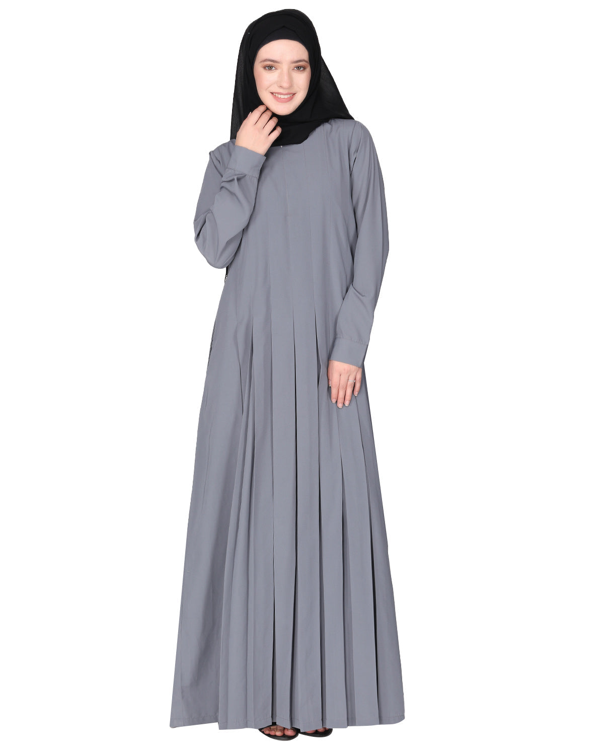 An Umbrella style stunning pleated abaya with Pinstriped Yolk Light Grey