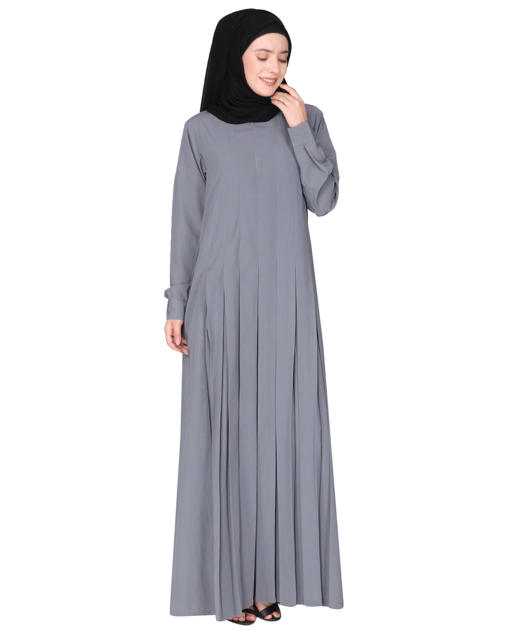 An Umbrella style stunning pleated abaya with Pinstriped Yolk Light Grey