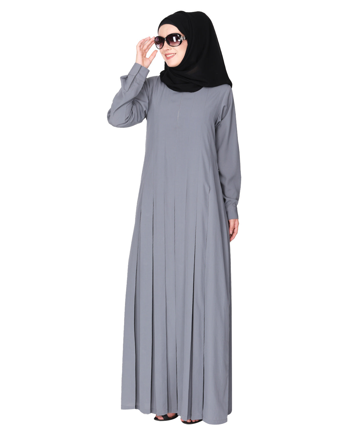 An Umbrella style stunning pleated abaya with Pinstriped Yolk Light Grey