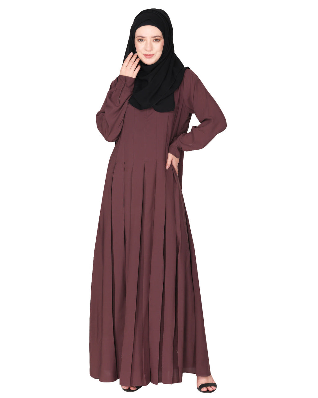 An Umbrella style stunning pleated abaya with Pinstriped Yolk Purple