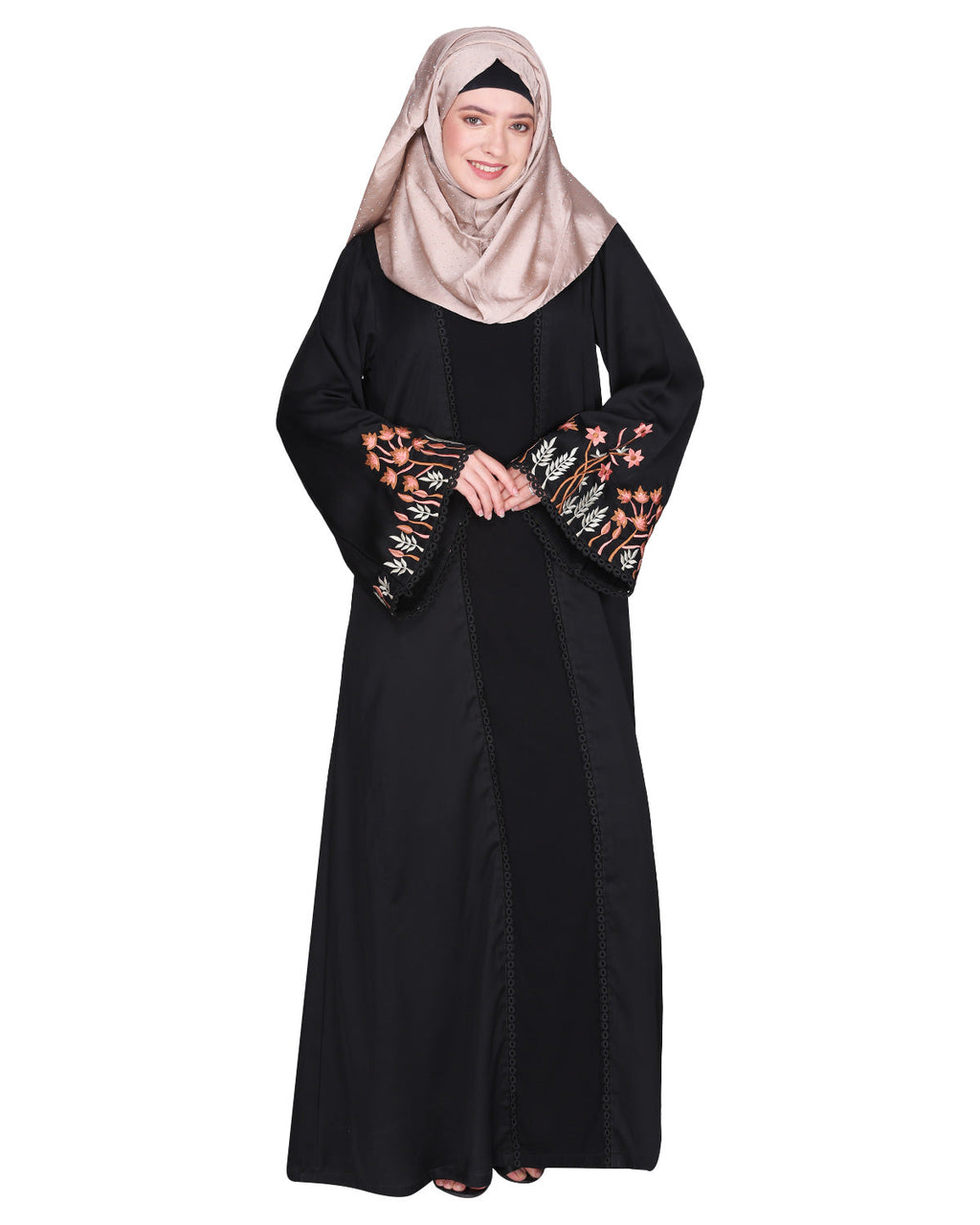 Shrug style lovely buds & flowers embroidered front close abaya