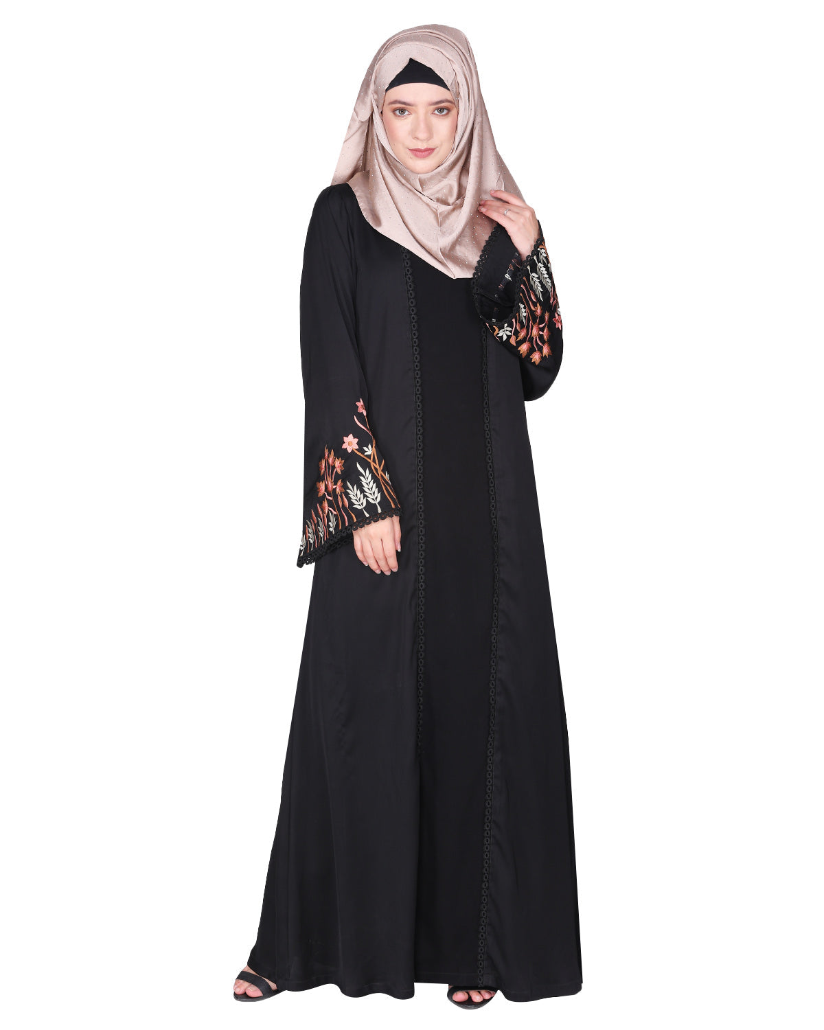 Shrug style lovely buds & flowers embroidered front close abaya