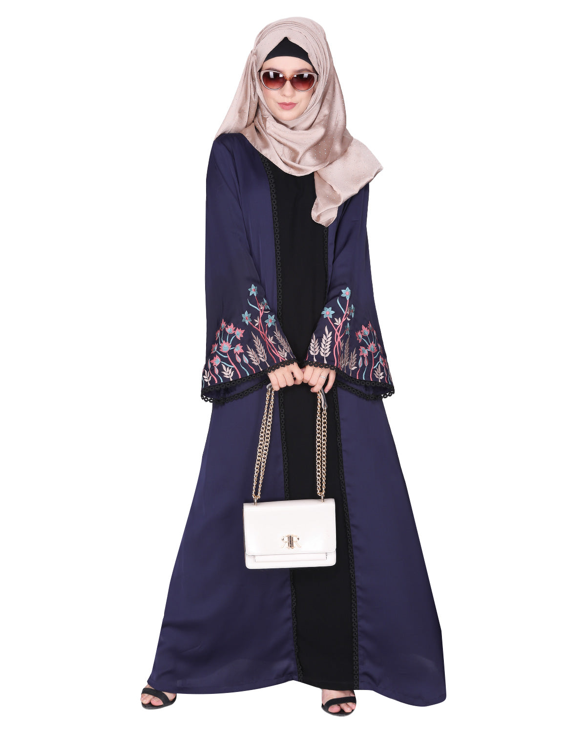 Shrug style lovely buds & flowers embroidered front close abaya Black