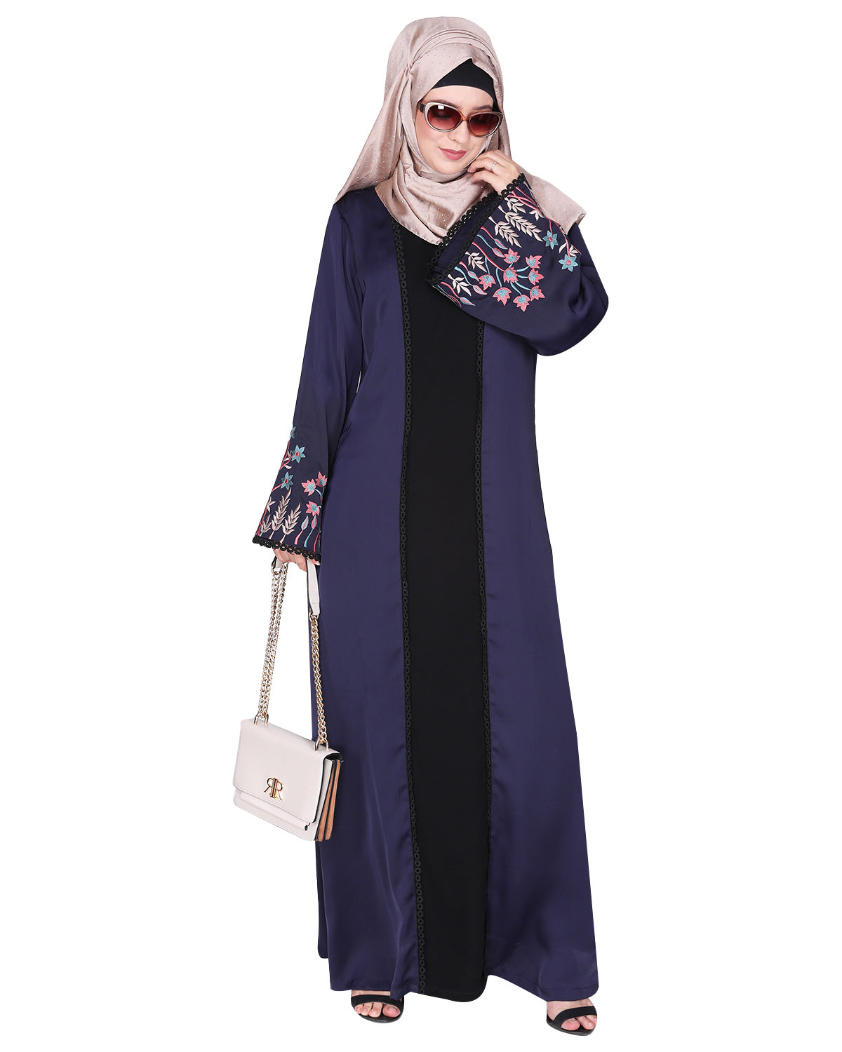 Shrug style lovely buds & flowers embroidered front close abaya Black