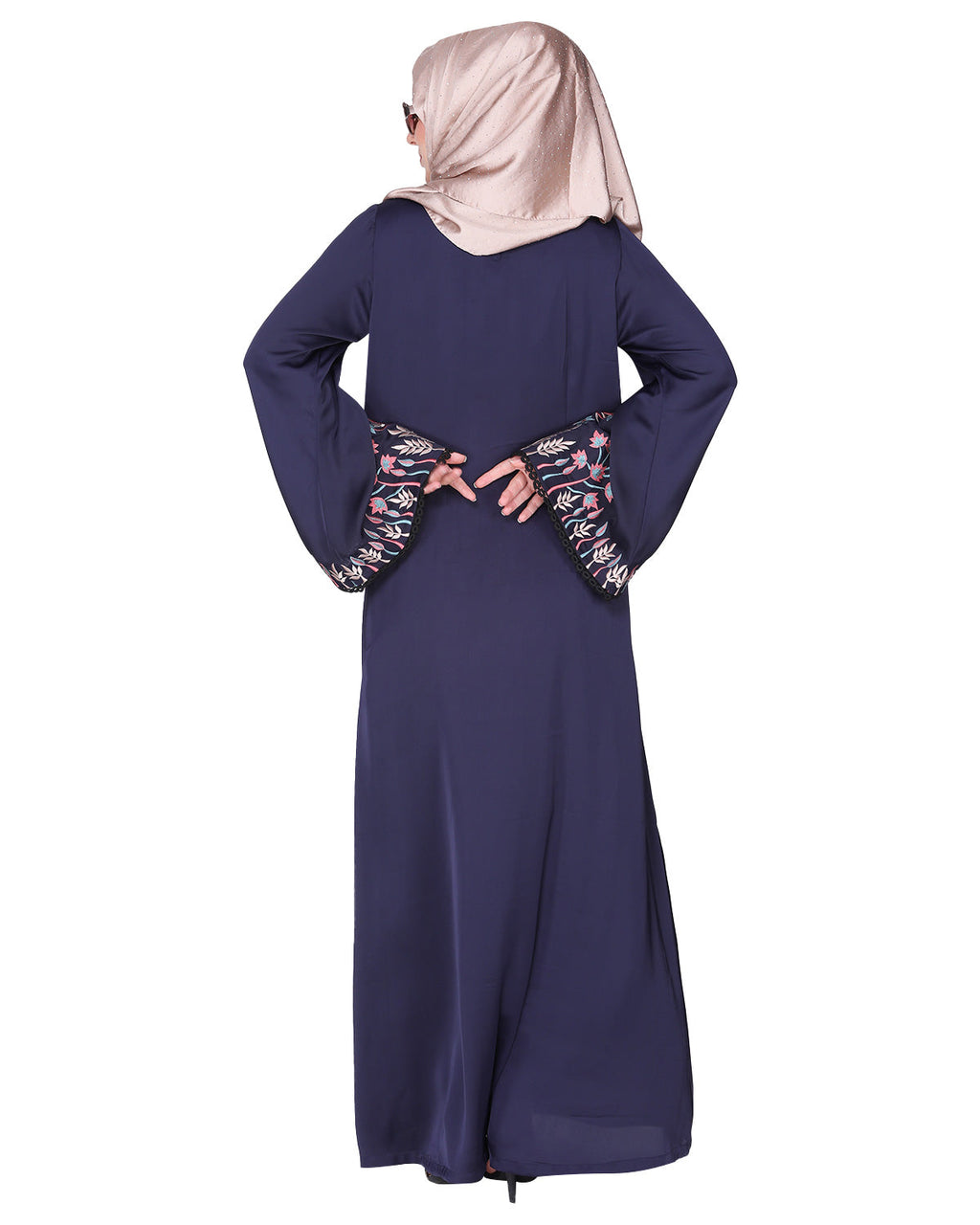 Shrug style lovely buds & flowers embroidered front close abaya Blue