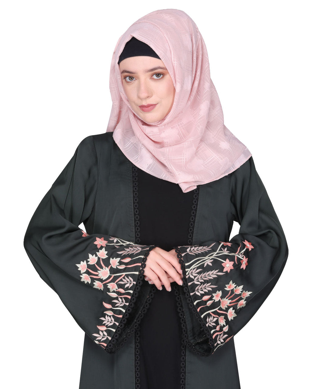 Shrug style lovely buds & flowers embroidered front close abaya Olive Green