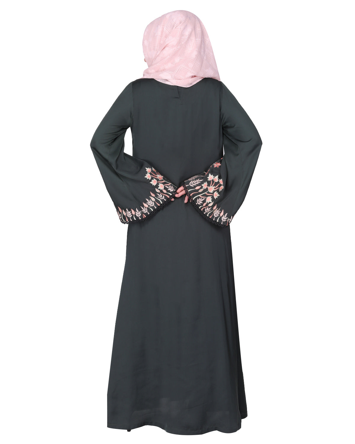 Shrug style lovely buds & flowers embroidered front close abaya Olive Green
