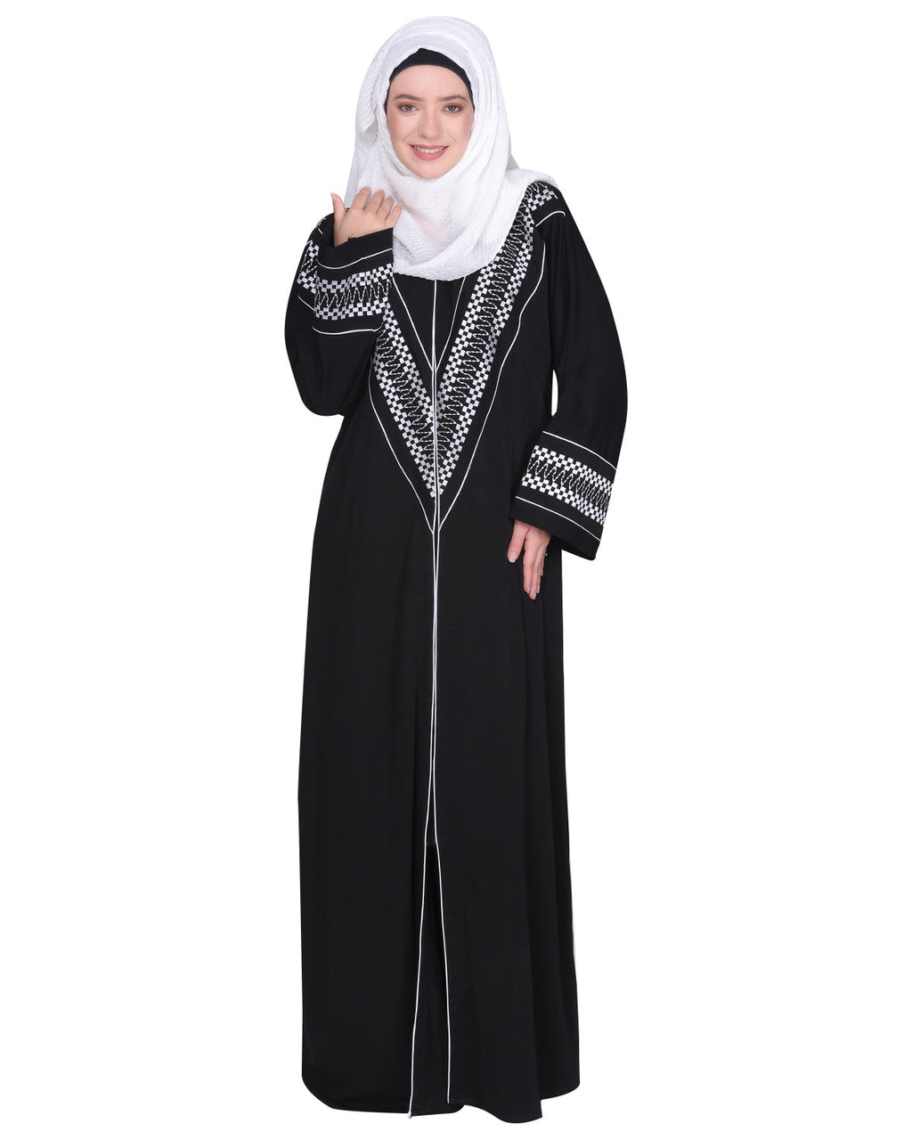 A magnificent Palestinian motif front open embroidered abaya Black