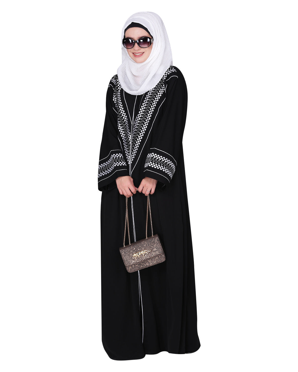 A magnificent Palestinian motif front open embroidered abaya Black