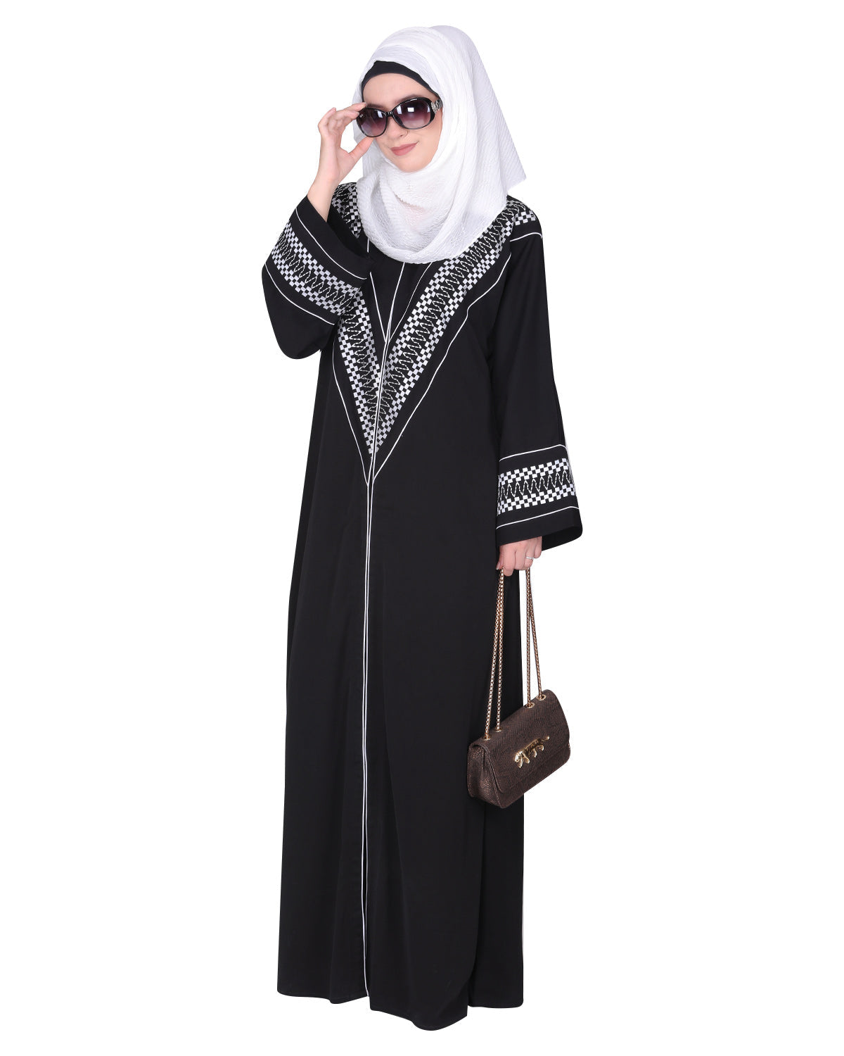 A magnificent Palestinian motif front open embroidered abaya Black