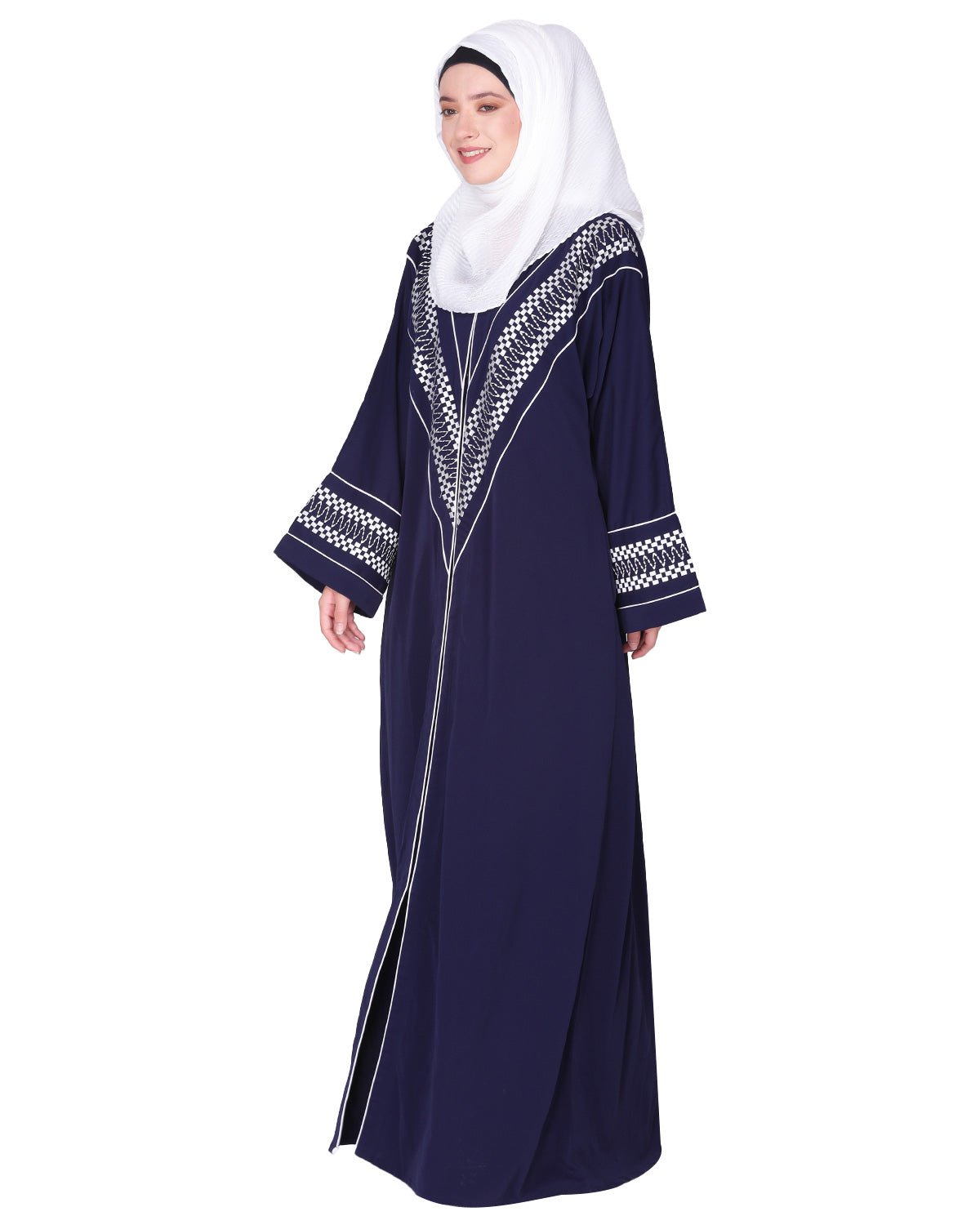A magnificent Palestinian motif front open embroidered abaya Blue