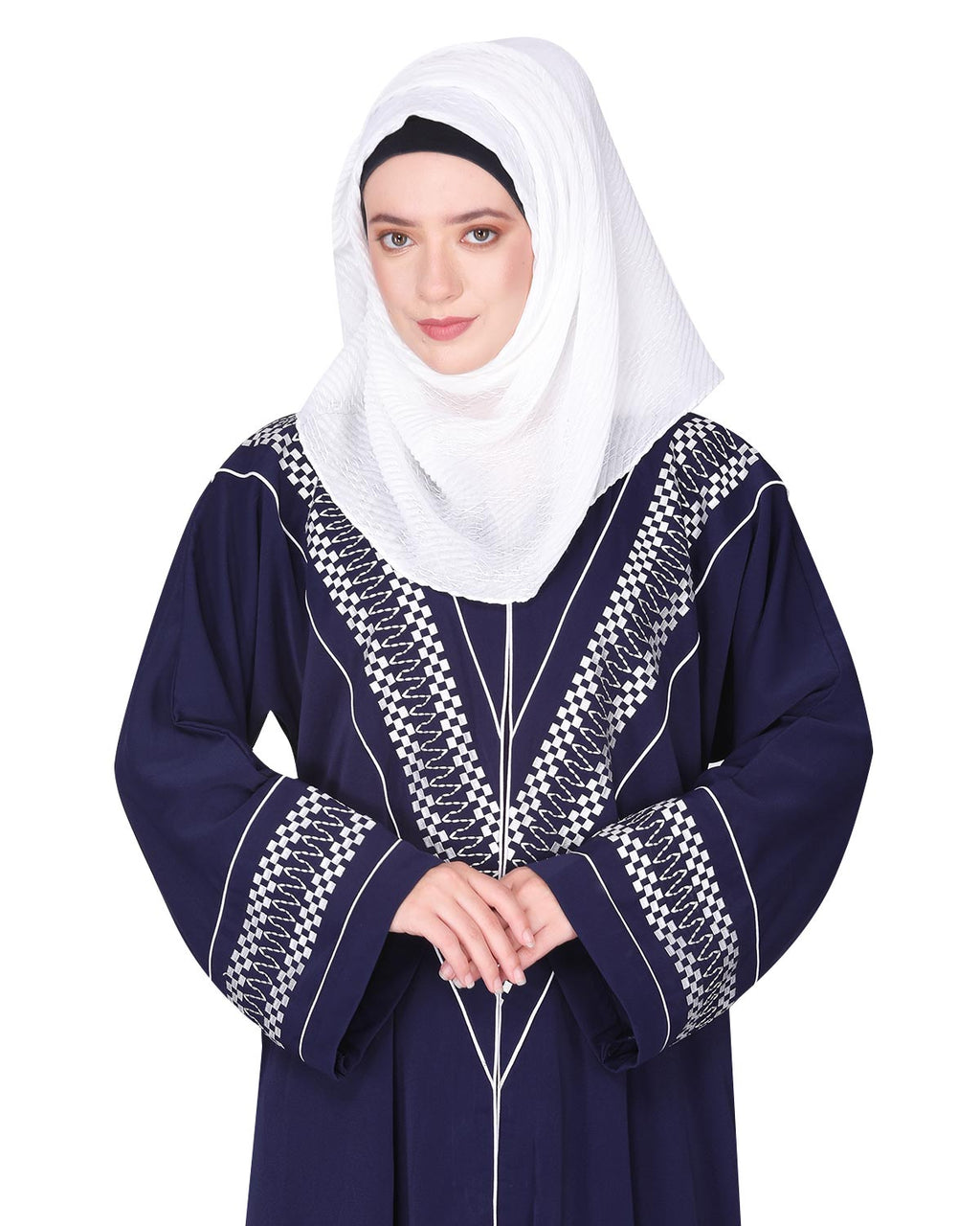 A magnificent Palestinian motif front open embroidered abaya Blue