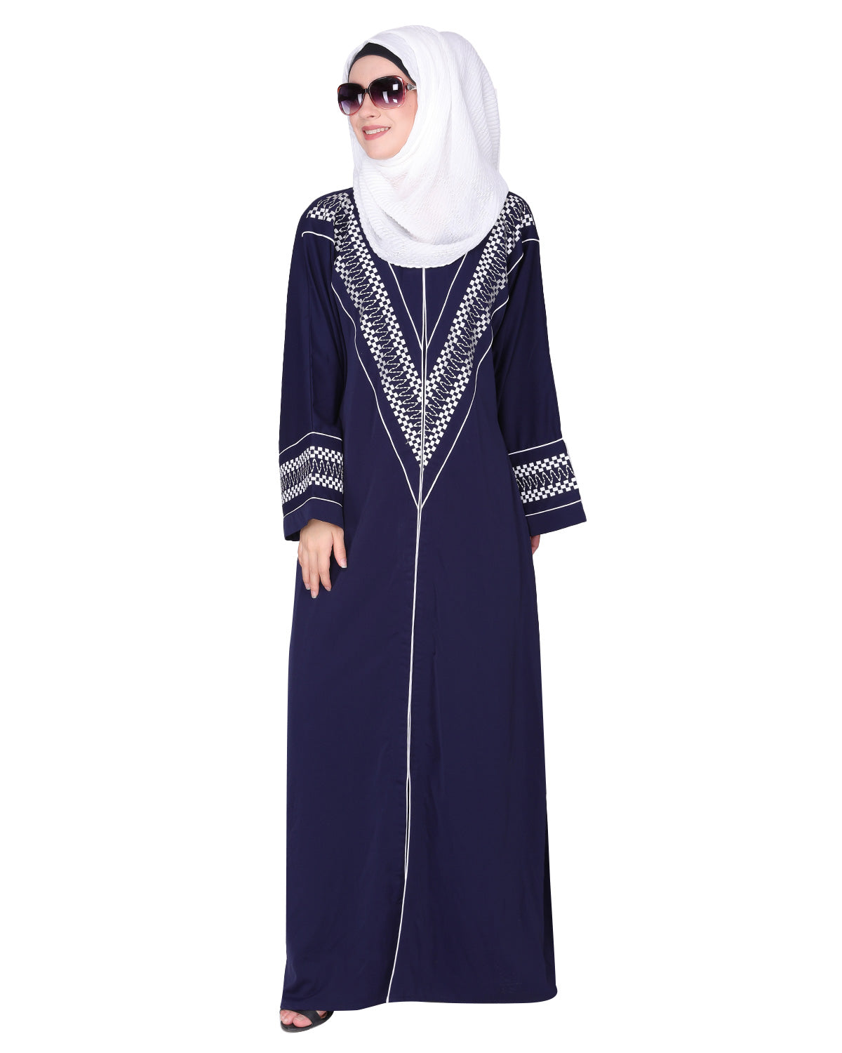 A magnificent Palestinian motif front open embroidered abaya Blue