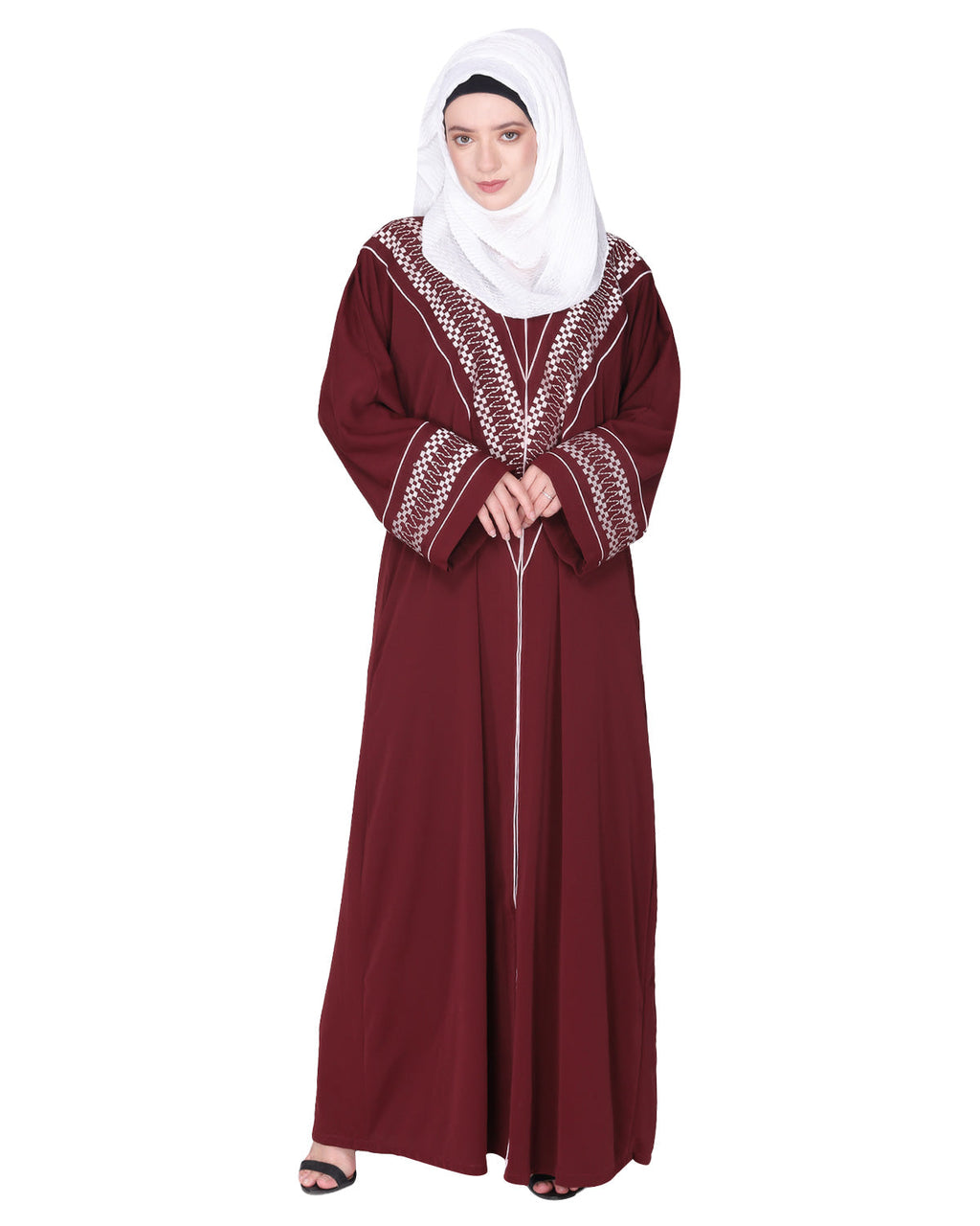 A magnificent Palestinian motif front open embroidered abaya Maroon