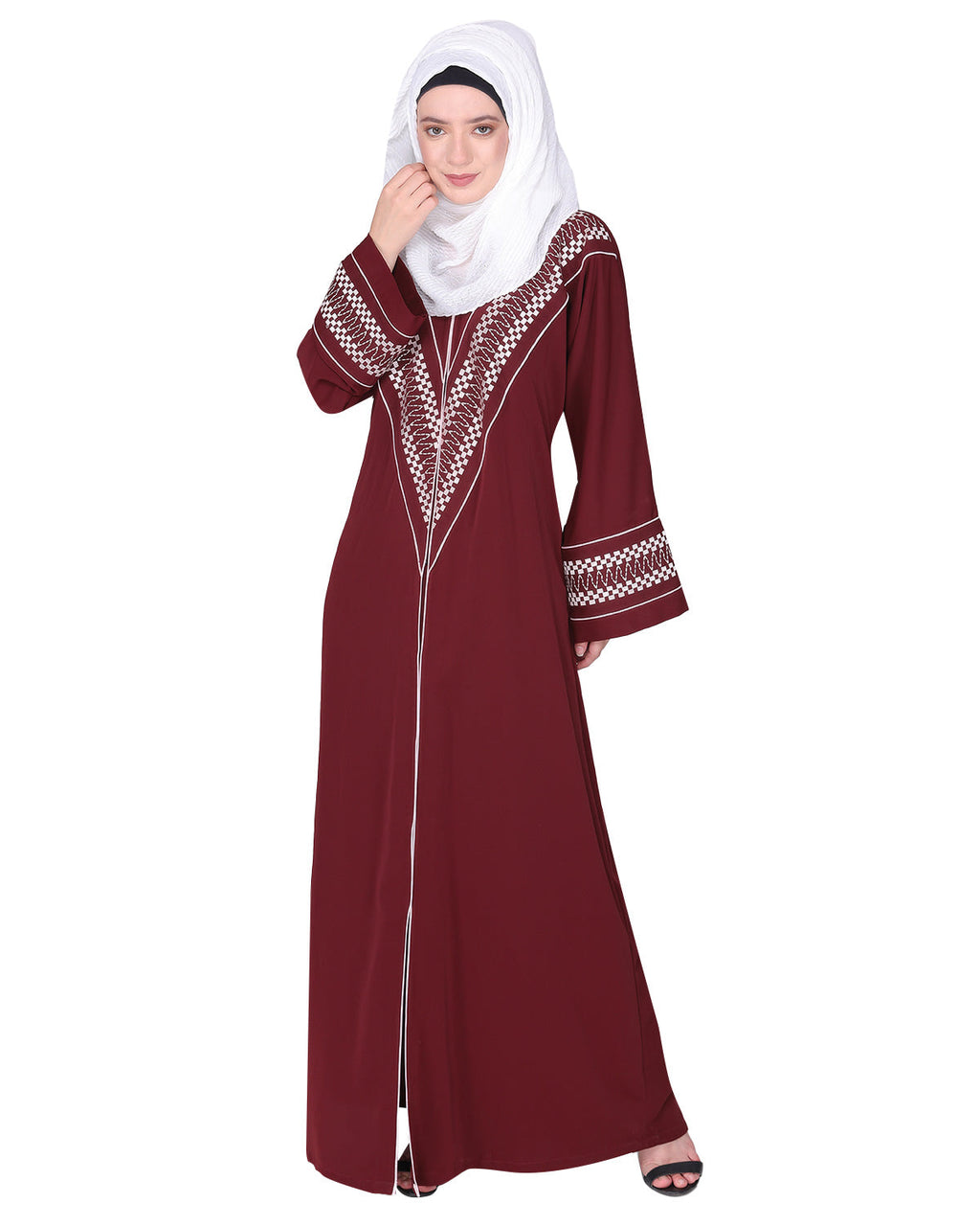A magnificent Palestinian motif front open embroidered abaya Maroon