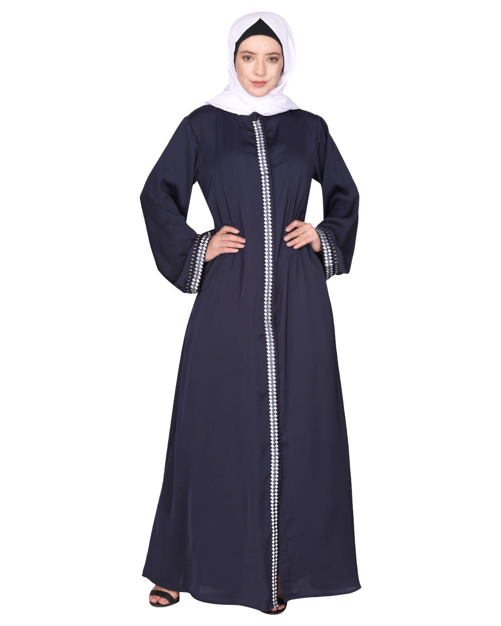 Pleasing front open abaya with beautiful checkered embroidery Blue