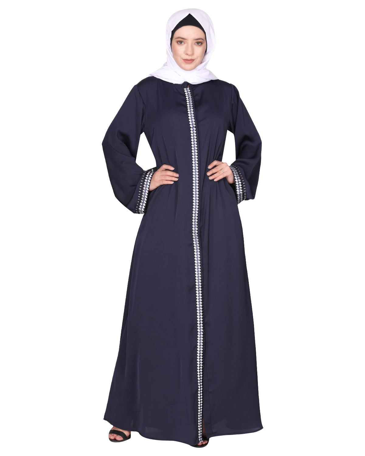 Pleasing front open abaya with beautiful checkered embroidery Blue