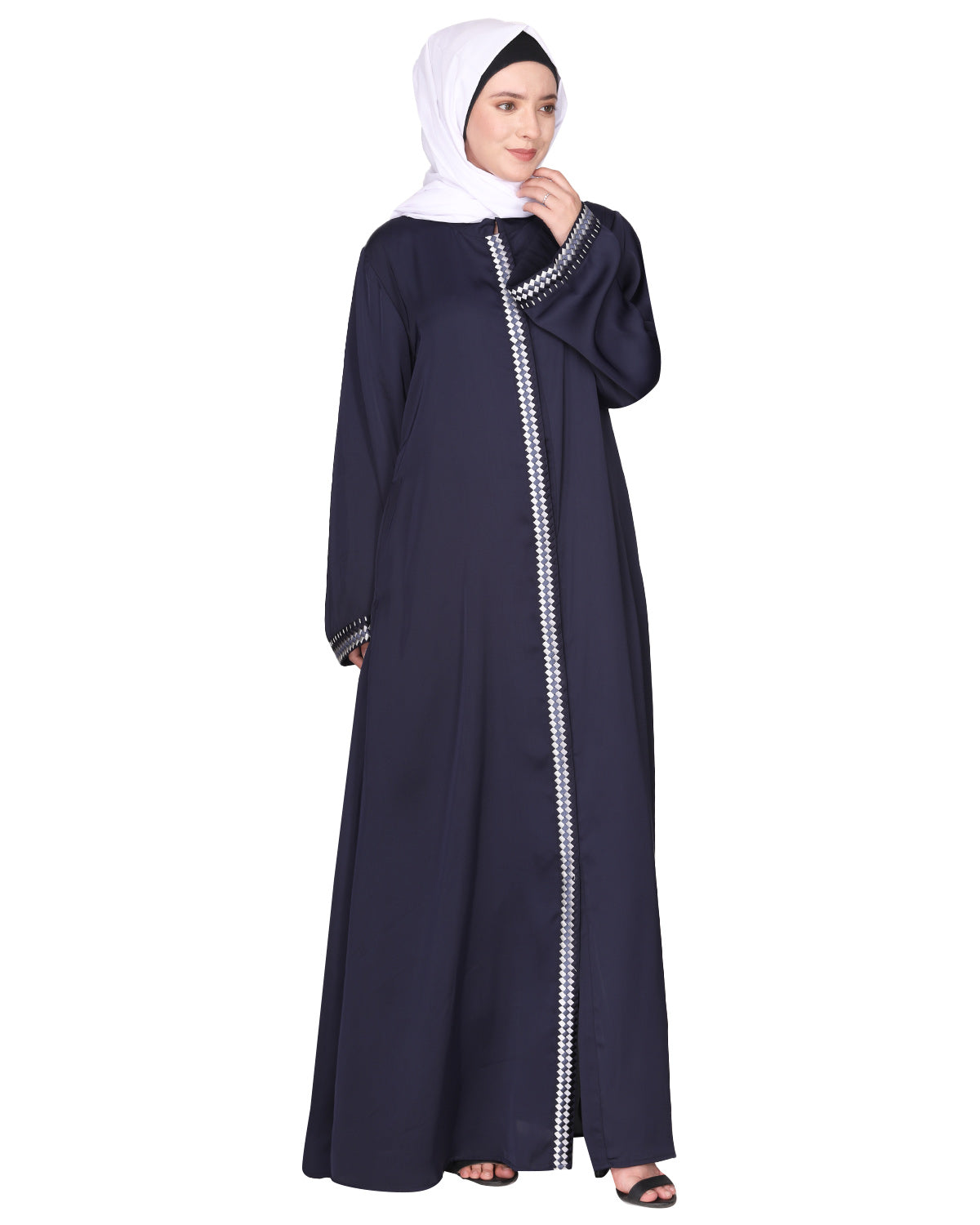 Pleasing front open abaya with beautiful checkered embroidery Blue