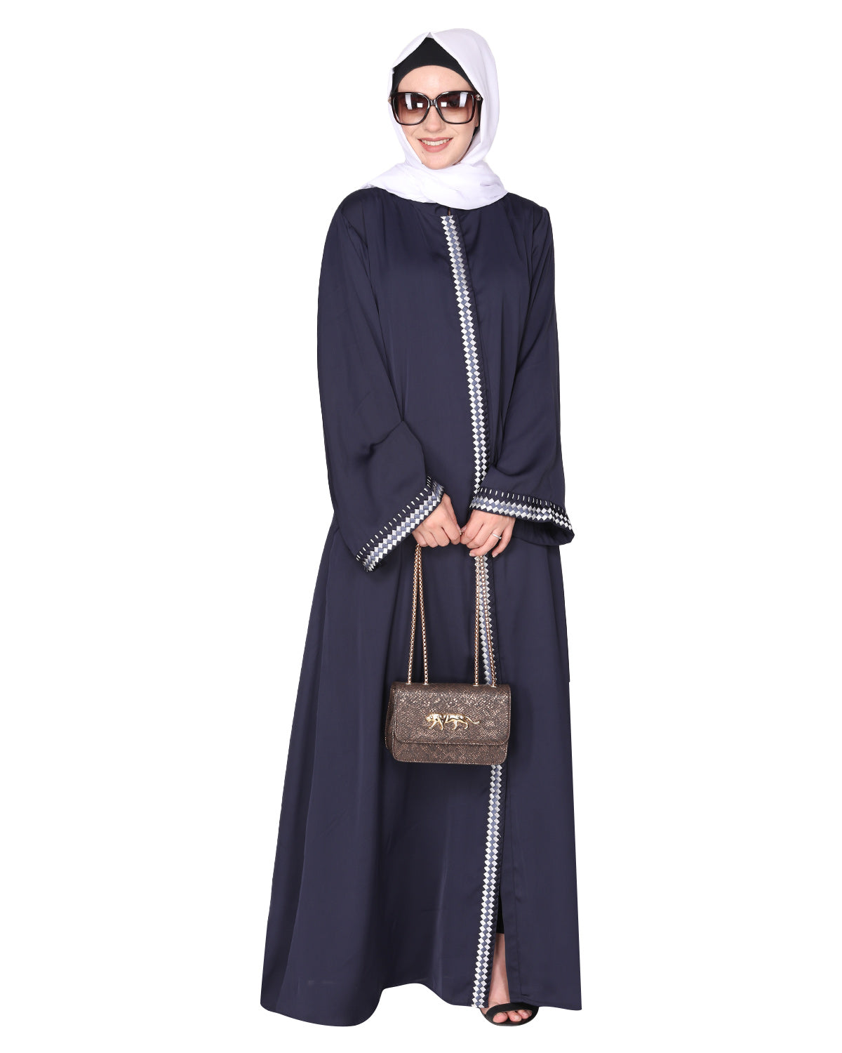 Pleasing front open abaya with beautiful checkered embroidery Blue