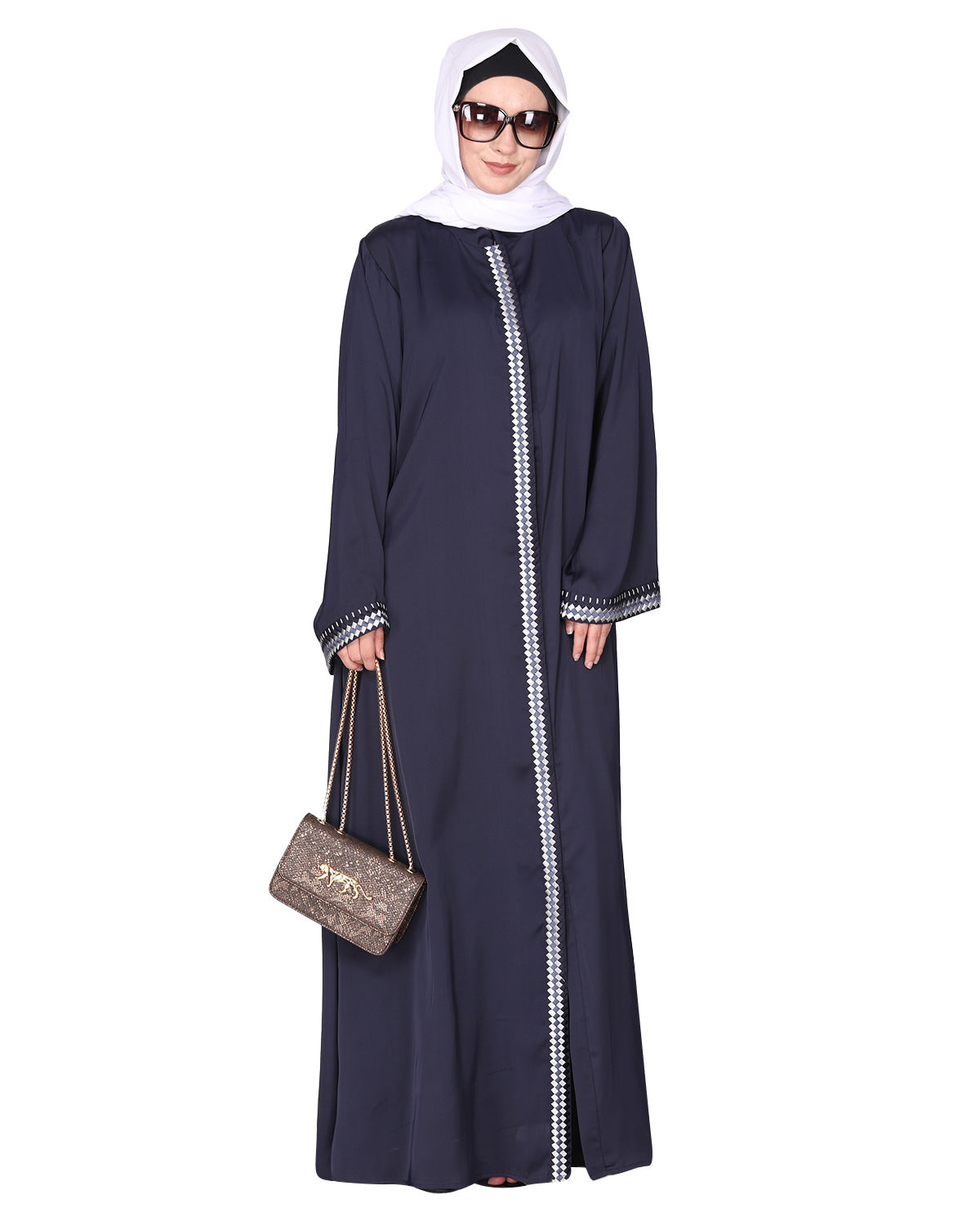 Pleasing front open abaya with beautiful checkered embroidery Blue
