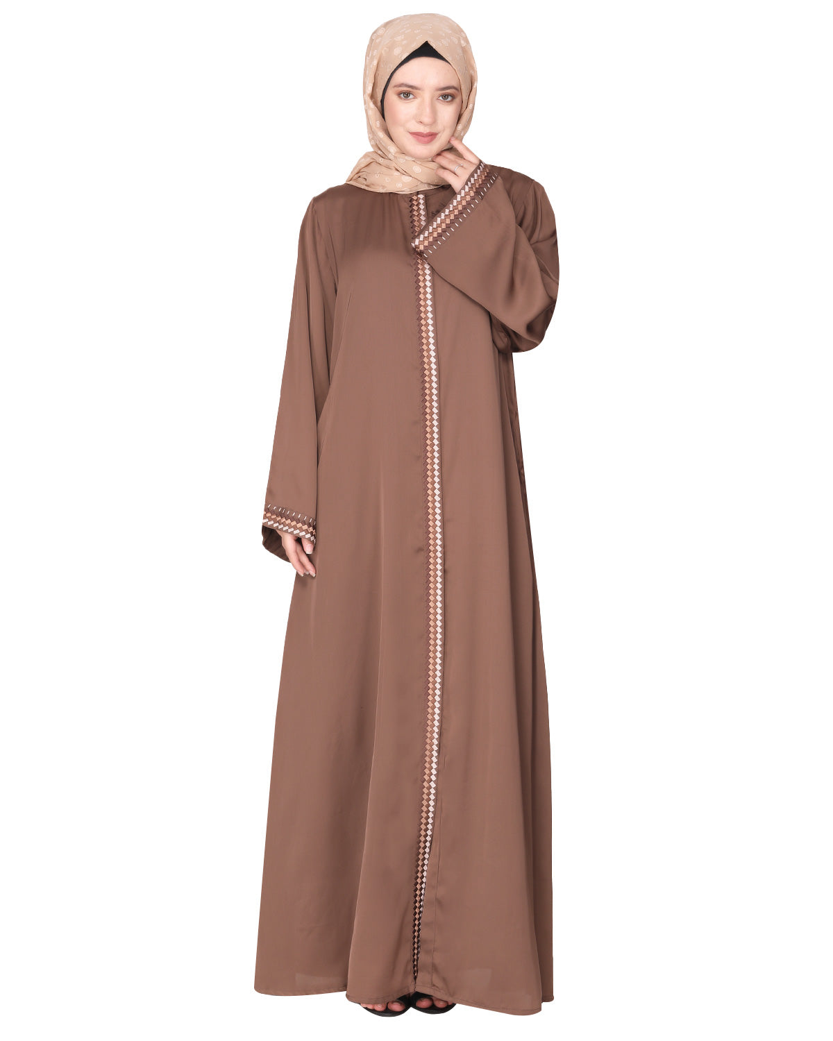 Pleasing front open abaya with beautiful checkered embroidery Brown