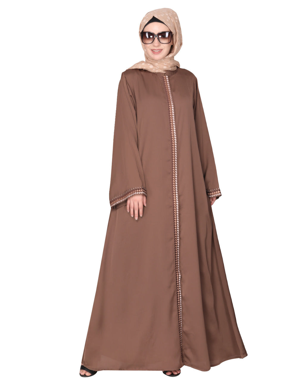 Pleasing front open abaya with beautiful checkered embroidery Brown