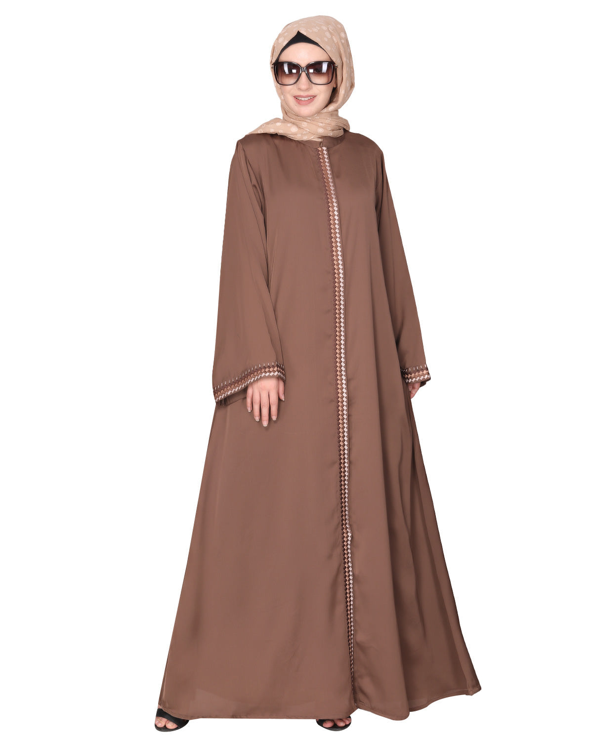 Pleasing front open abaya with beautiful checkered embroidery Brown
