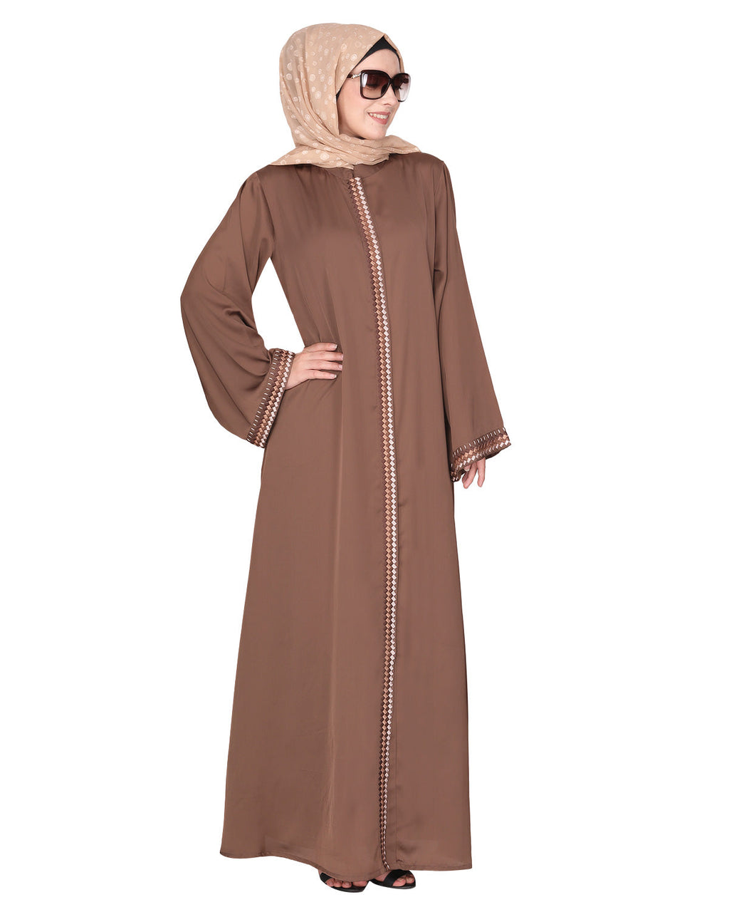 Pleasing front open abaya with beautiful checkered embroidery Brown