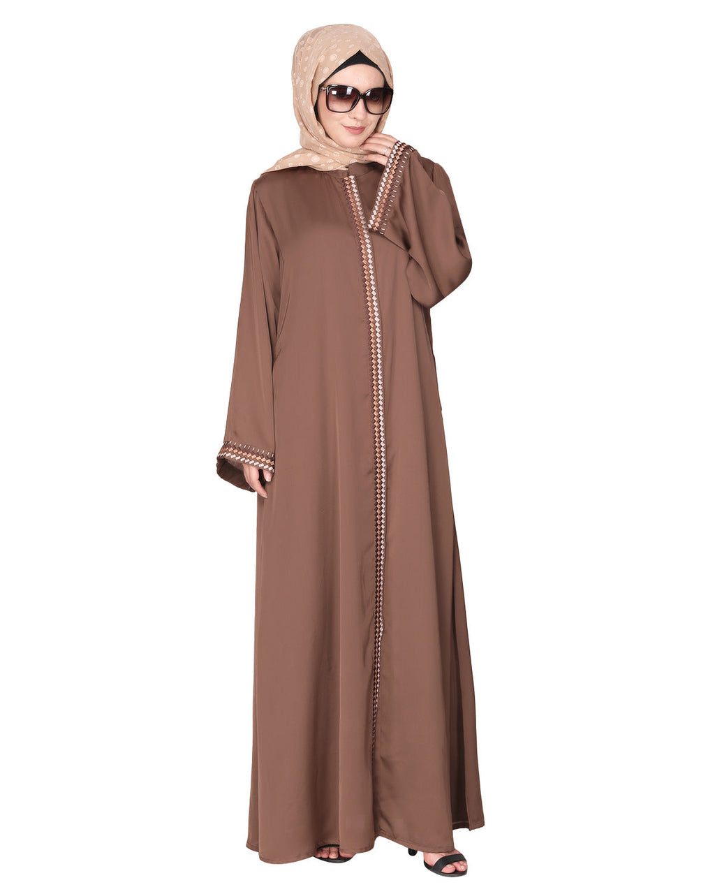 Pleasing front open abaya with beautiful checkered embroidery Brown