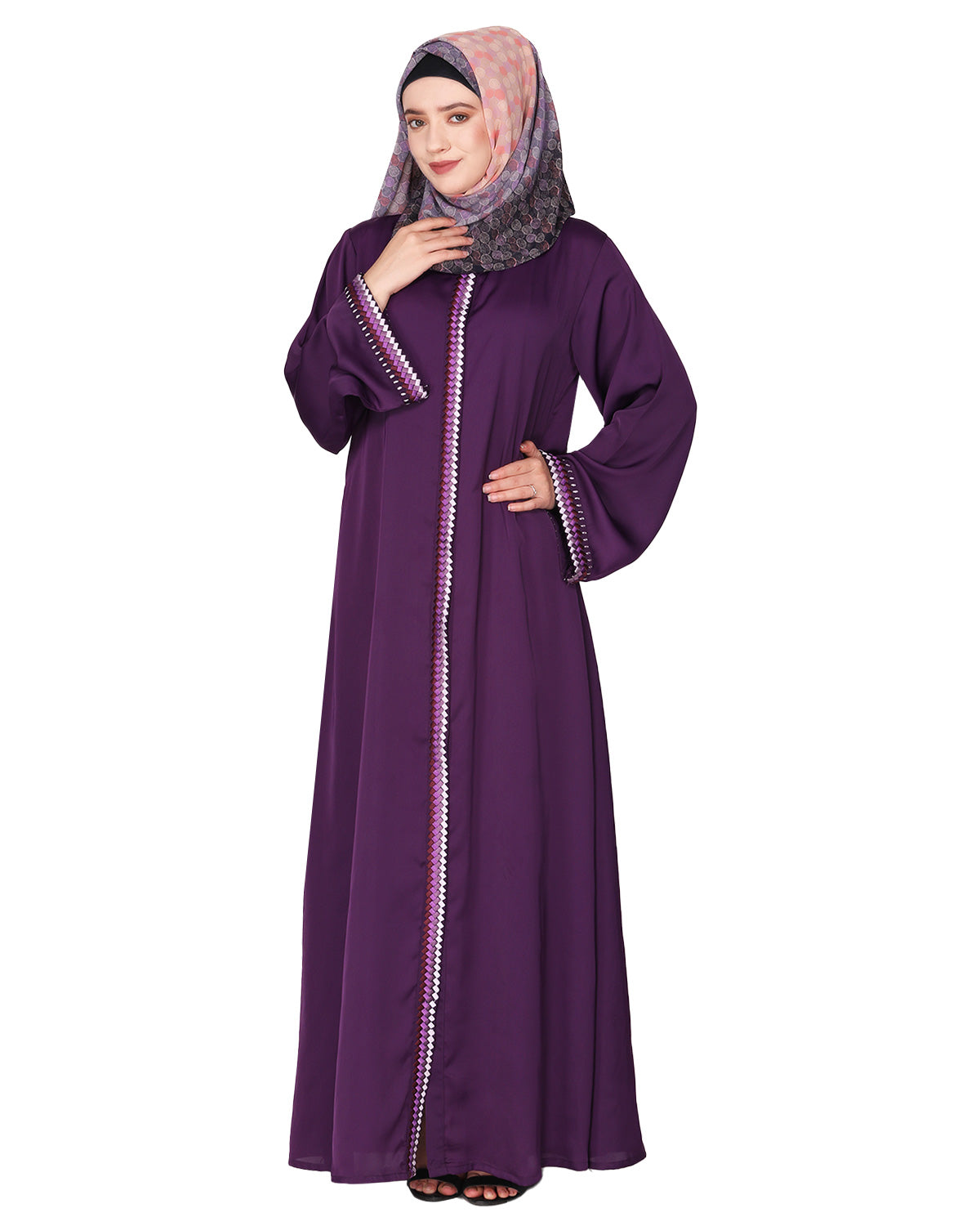Pleasing front open abaya with beautiful checkered embroidery Purple