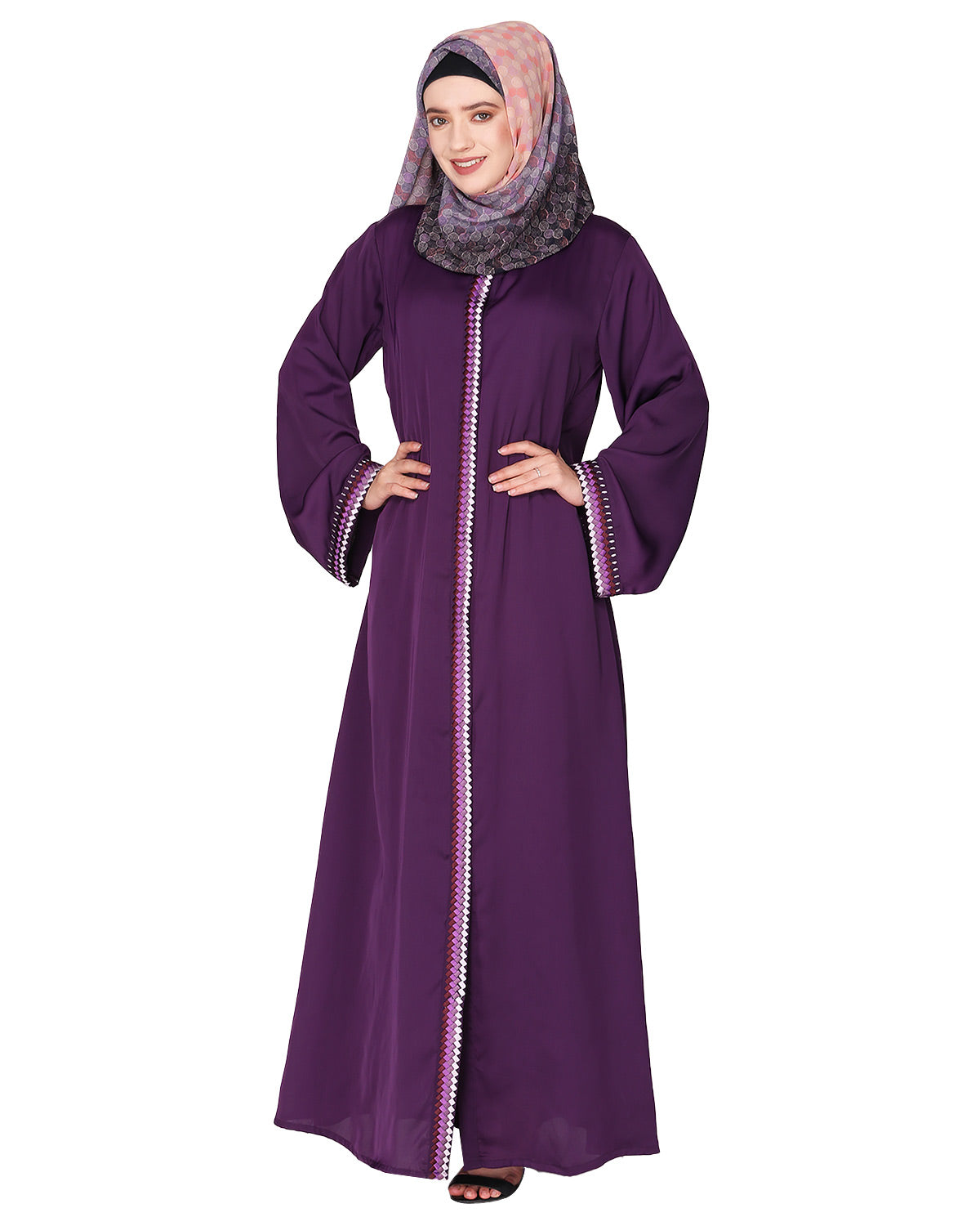 Pleasing front open abaya with beautiful checkered embroidery Purple