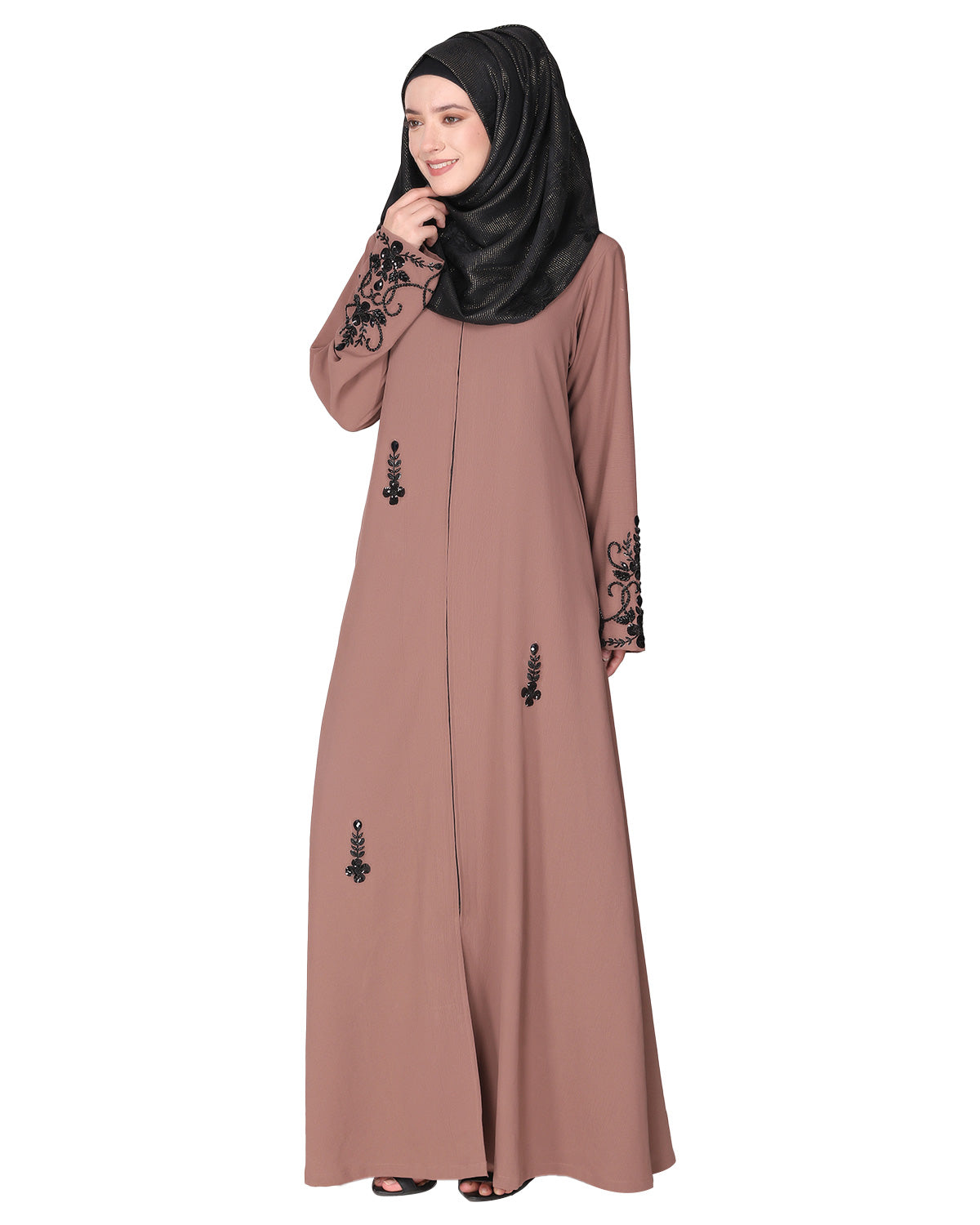 Rich hand embroidered front open abaya with itricate motif of glittering beads Brown