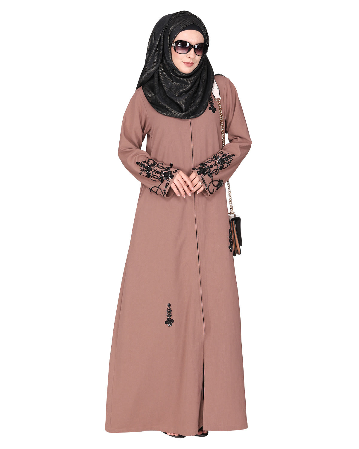 Rich hand embroidered front open abaya with itricate motif of glittering beads Brown