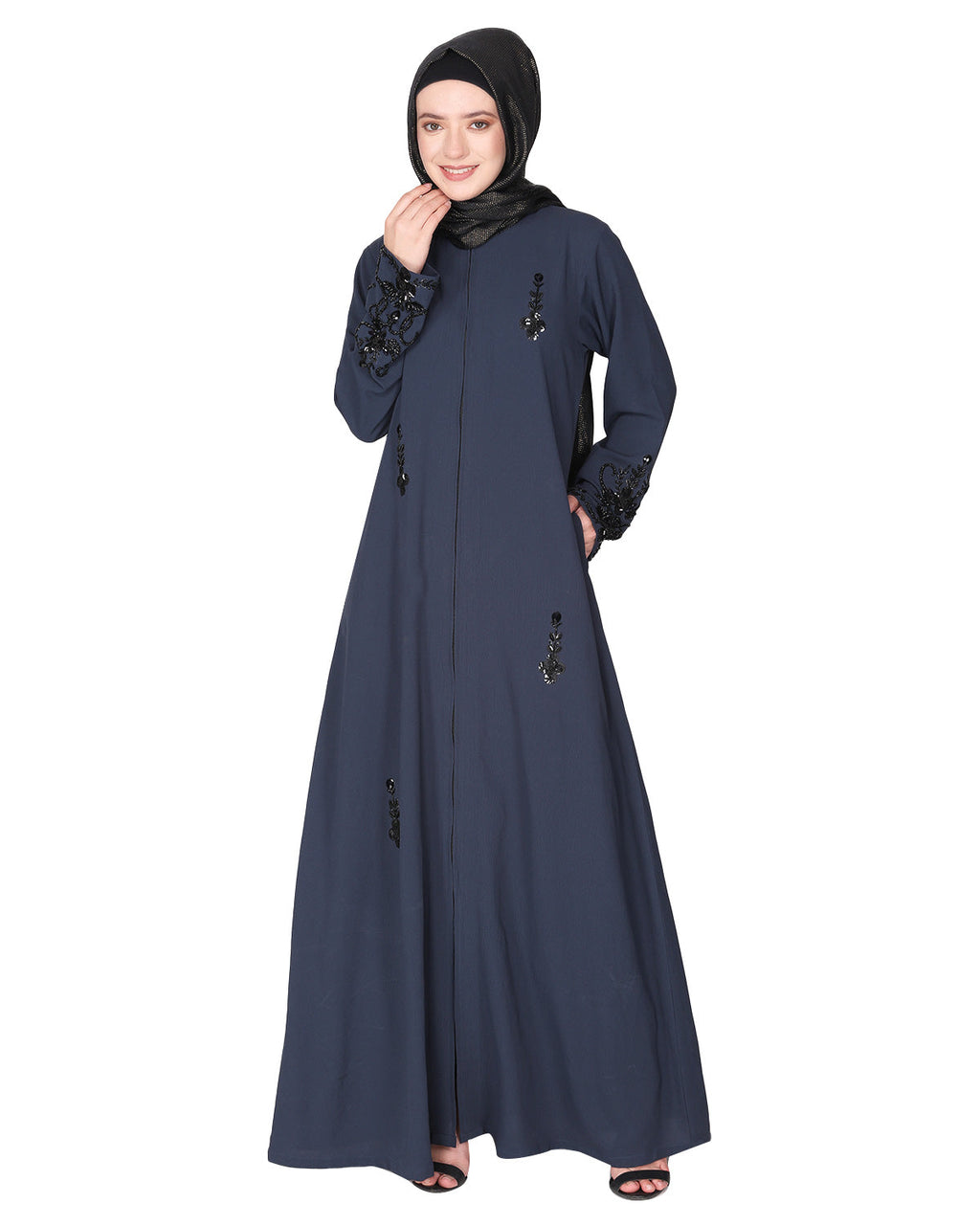 Rich hand embroidered front open abaya with itricate motif of glittering beads Dark Grey