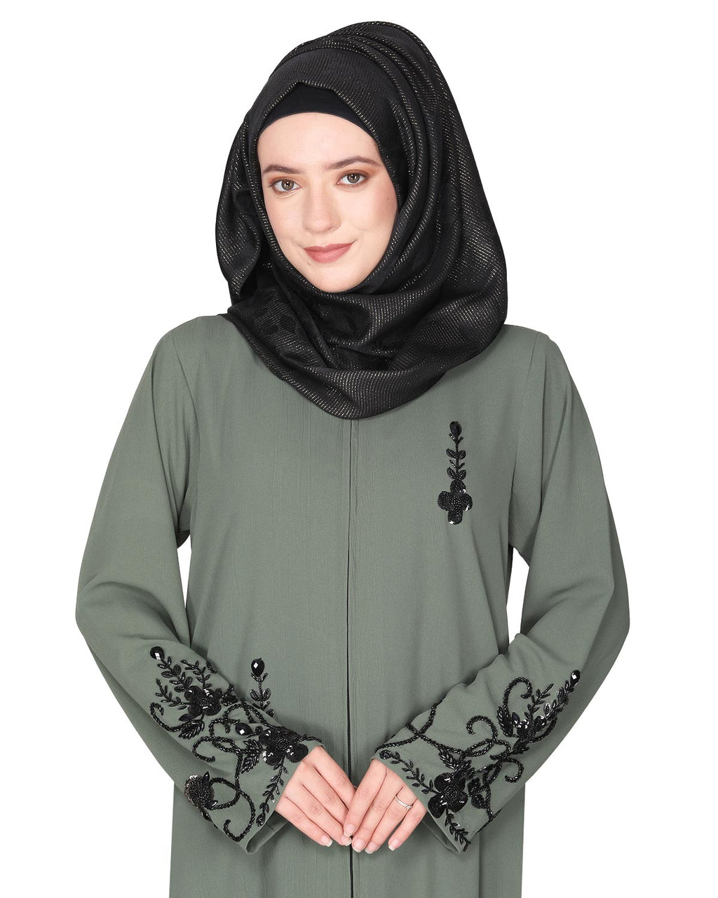 Rich hand embroidered front open abaya with itricate motif of glittering beads Dead Mint